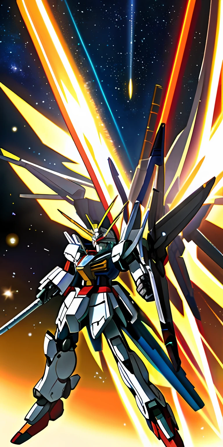 ((High quality)), ((Masterpiece)), 8K, Gundam Mech, mech wings, Light rays, extremaly detailed cg,Unified 8K wallpapers, GameCG, view the viewer, Hold a weapon in one hand and a shield in the other, Space combat as the background, full bodyesbian,High-burn combat, UAVs, Holding weapons,Fly in the air and stretch in a posture,Gundam wind,llight rays,eyes glowing,