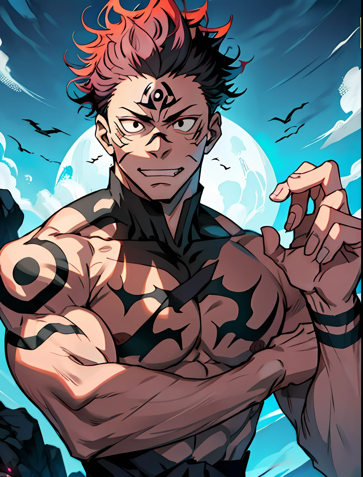 Melhor qualidade, obra-prima, no expression, ultra alta res, fundo detalhado, solo, macho musculoso, cabelo curto, tiro de cowboy, sombra real e luz, (((Sukuna do anime jujutsu kaisen))), um homem com cabelo rosa e sem camisa, tattoo_ryoumen, tattoo_on_his_face, foco nos olhos, viril, maduro, corpo inteiro, anatomicamente correto,