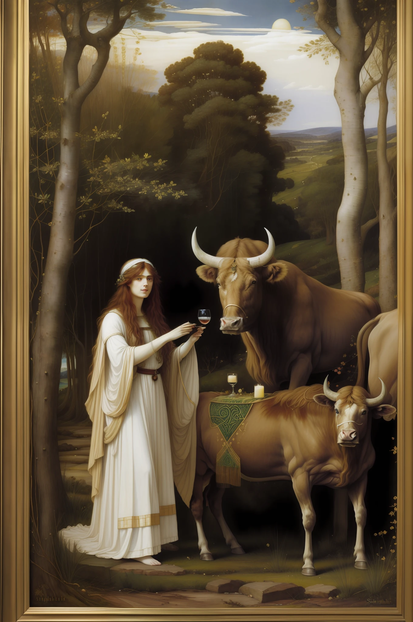(((Pre Raphaelie Painting))) Sacrifice of a bull by a white-robed Celtic druid. Golden glass with wine, sangue, paisagem celta outonal, touro branco, druida, Uvas, parreira, sacrifice, altar druídico |.