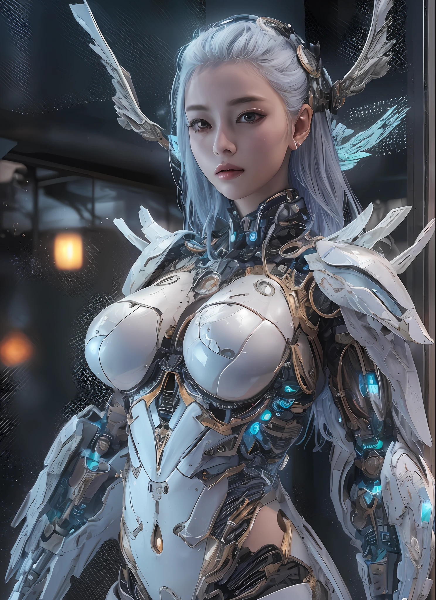 top-quality、masterpiece、超A high resolution、(Photorealsitic:1.4)、Raw photo、Battle Cyborg Angel、large wings made of metal、White porcelain body、Acrylic Clear Cover、white hair、glowy skin、1 Cyborg Girl、((super realistic details))、portlate、globalillumination、Shadow、octan render、8K、ultrasharp、character edge light,Colossal tits、Raw skin is exposed in cleavage、Details of complex ornaments、Sumerian details、Hydraulic cylinder、Small LED lamp、highly intricate detail、Realistic light、a purple eye、radiant eyes、Facing the camera、neon details、cowboy shot、Futuristic headgear、About Cyberpunk、、
