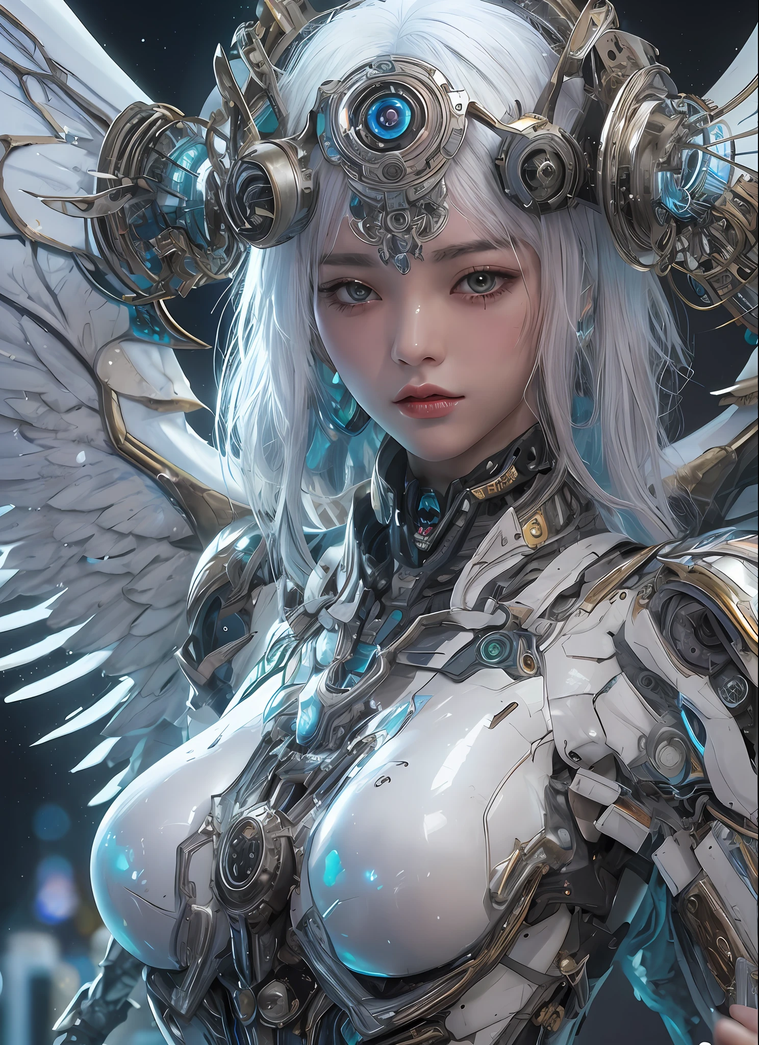 top-quality、masterpiece、超A high resolution、(Photorealsitic:1.4)、Raw photo、Battle Cyborg Angel、large wings made of metal、White porcelain body、Acrylic Clear Cover、white hair、glowy skin、1 Cyborg Girl、((super realistic details))、portlate、globalillumination、Shadow、octan render、8K、ultrasharp、character edge light,Colossal tits、Raw skin is exposed in cleavage、Details of complex ornaments、Sumerian details、Hydraulic cylinder、Small LED lamp、highly intricate detail、Realistic light、a purple eye、radiant eyes、Facing the camera、neon details、cowboy shot、Futuristic headgear、About Cyberpunk、、