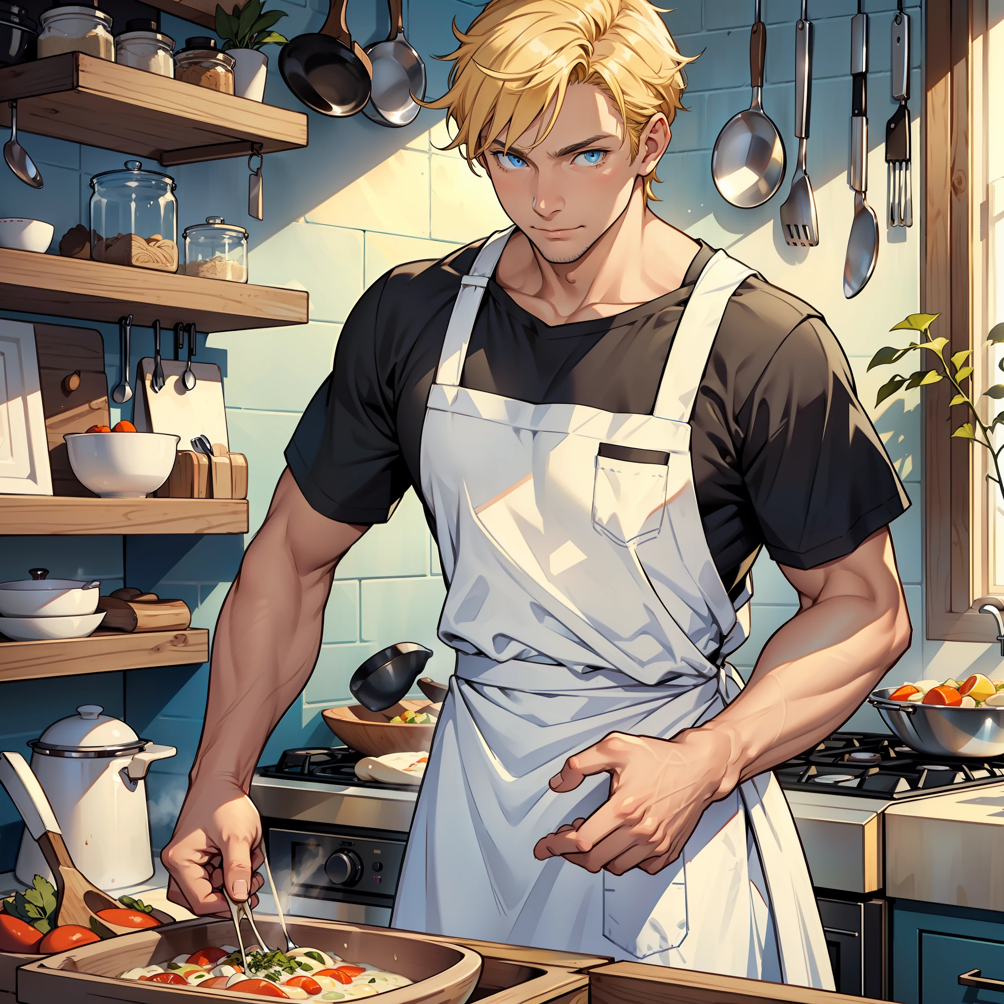"detailed, a man with blue eyes, in a yellow apron, in a light-colored sunlit kitchen, cooking amidst a wooden pantry, capturing the essence of a professional kitchen and the art of food preparation, with a bowl of soup on his hands with 5 fingers."