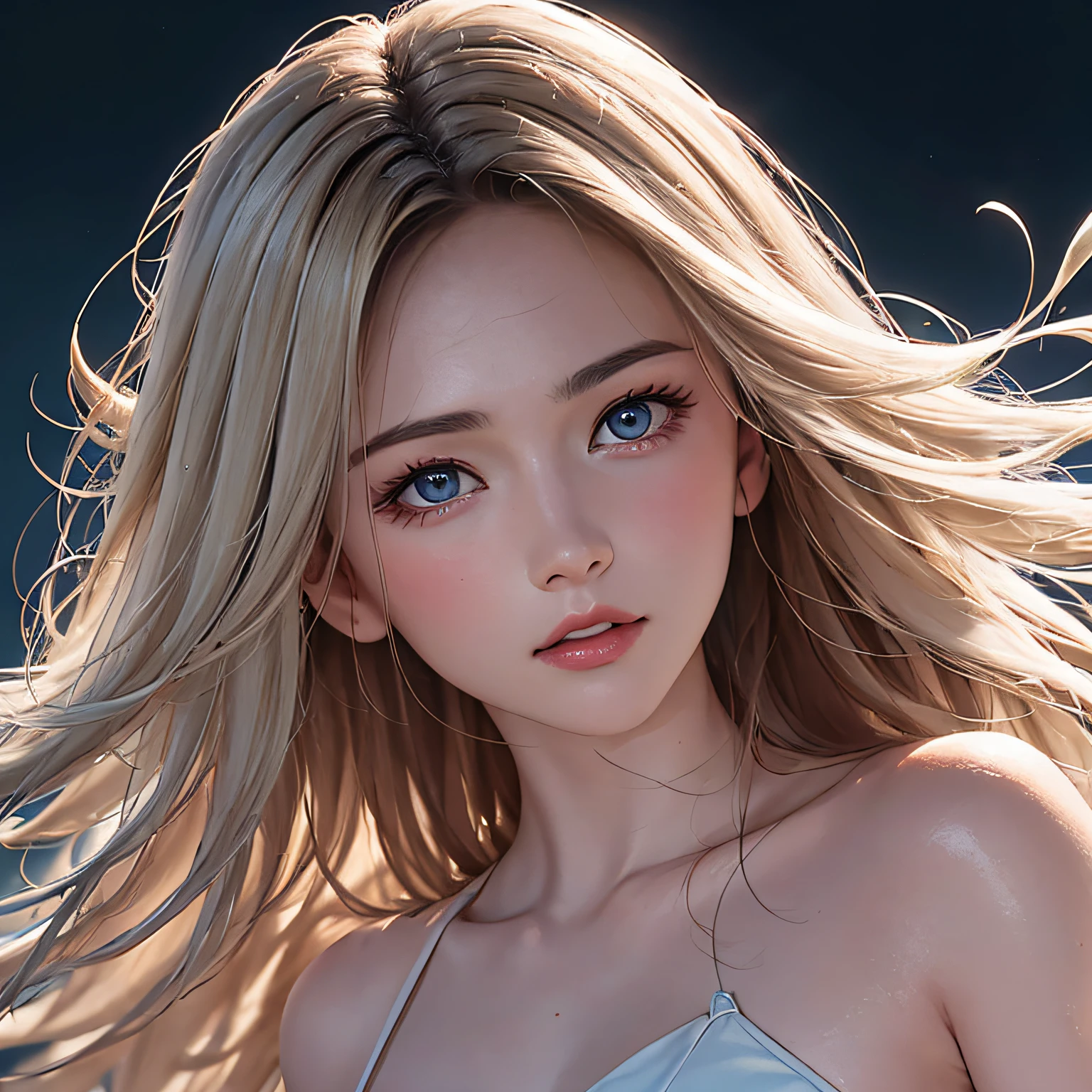 (8K, RAW Photos, of the highest quality, Masterpieces: 1.2), (Realistic, Photorealistic: 1.37), Highest Quality, Ultra High Resolution, light leaks, Dynamic lighting, Slim and smooth skin, (Full body:1.3), (Soft Saturation: 1.6), (Fair skin: 1.2), (Glossy skin: 1.1), Oiled skin, 22 years old, Night, shiny white blonde, Well-formed, Hair fluttering in the wind, Close-up shot of face only, Physically Based Rendering, From multiple angles