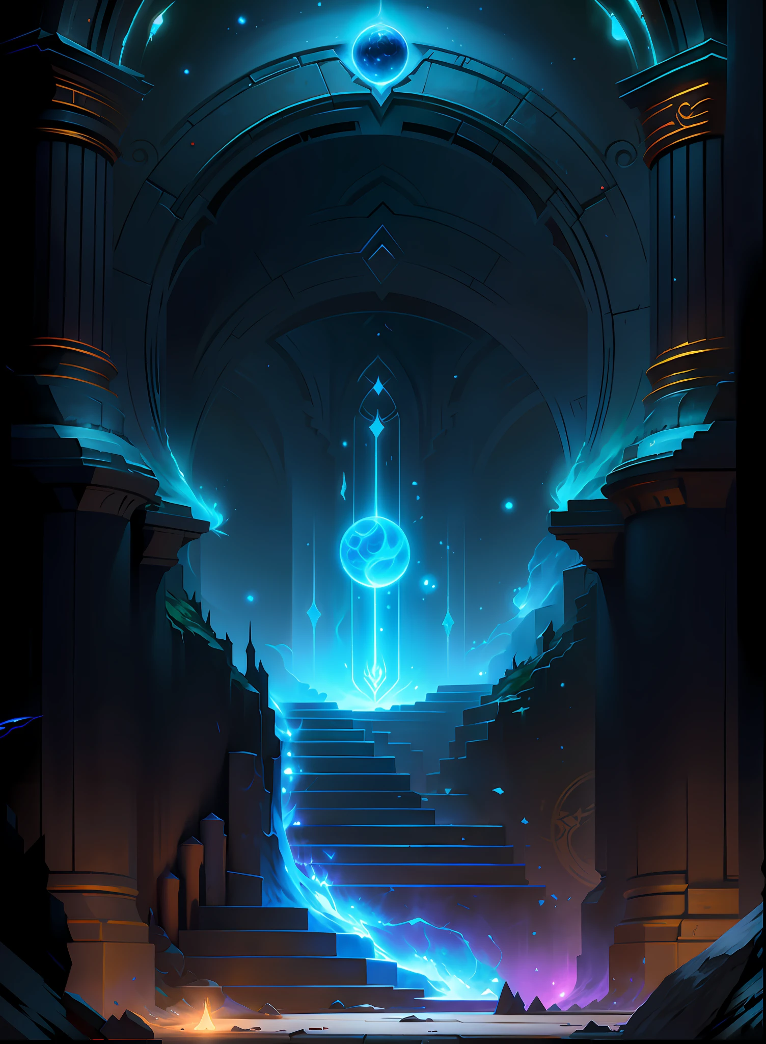 There is a digital painting of a staircase leading to a portal, arte conceitual luminescente, concept art magical highlight, entrance to ethereal realm, arte conceitual arcana, estilo de duelyst, estilo de arte arcano, arte conceitual, portal to the ethereal realm, pintado como uma arte conceitual de jogo, Arte conceitual de League of Legends, galactic temple