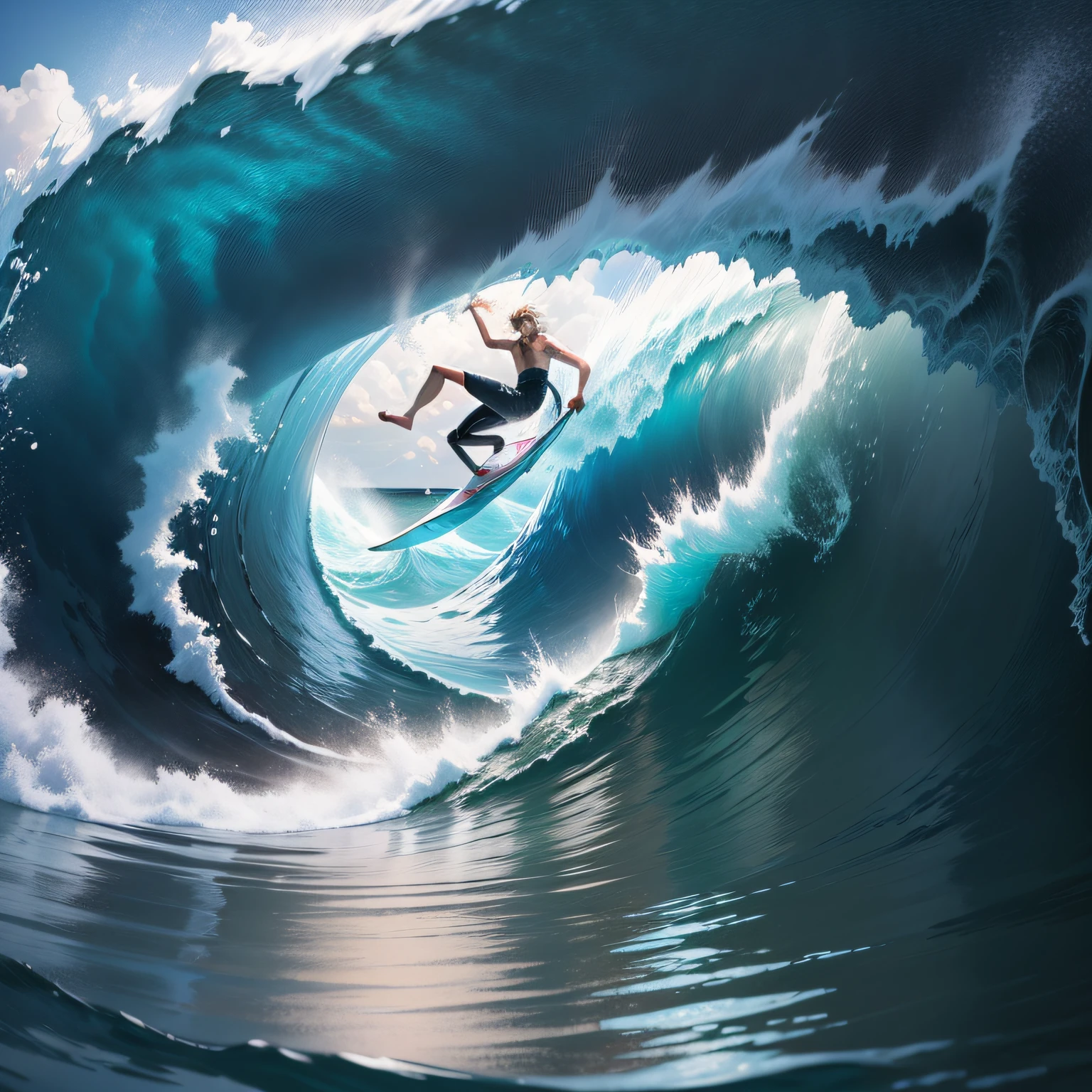 An impressive scene of a surfer balancing on the edge of the tube, with the spray from the wave forming a curtain of water around them.