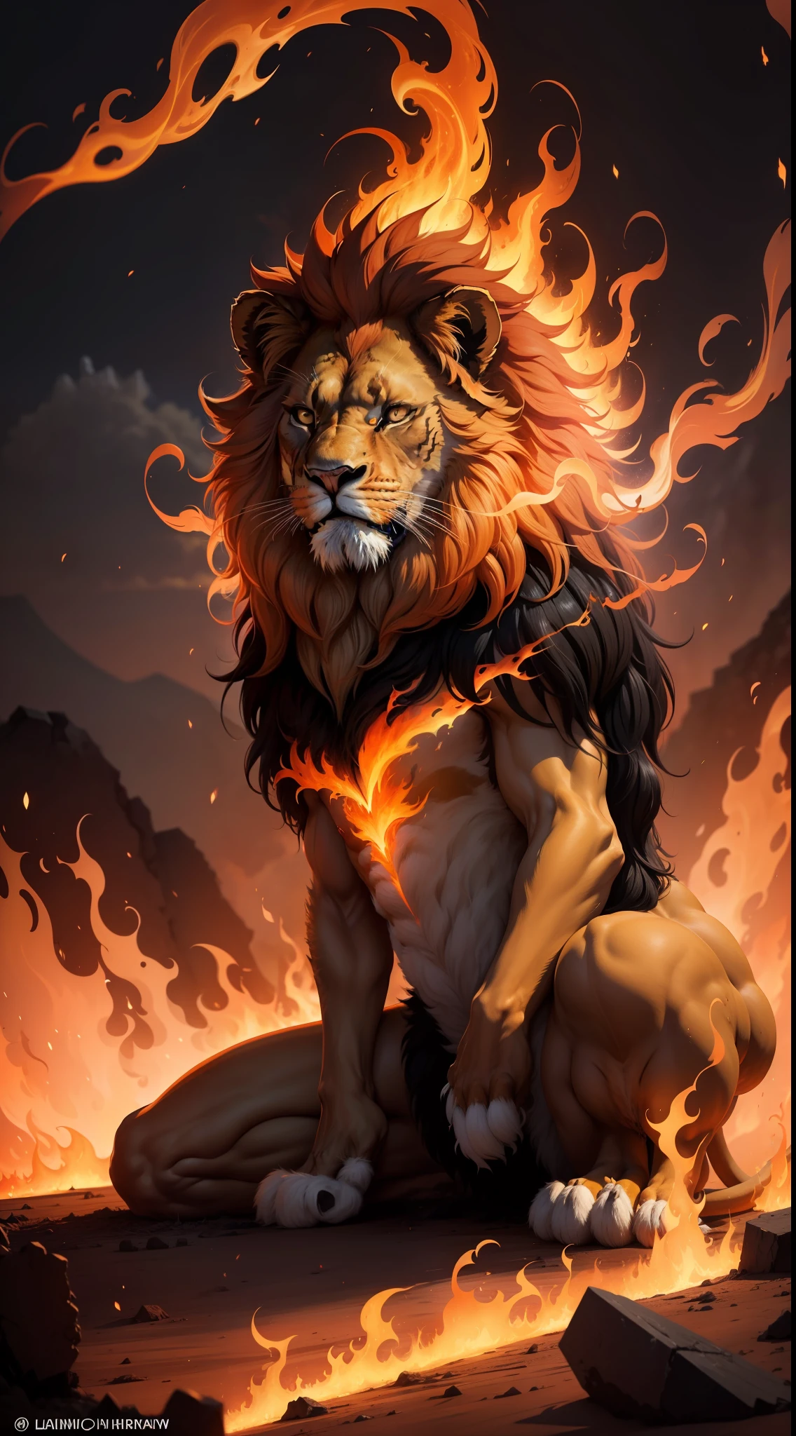 a flaming lion, body with several flames of fire, lion of fire, magic being, spirit lion of fire. backdrop of fire ruins, lavas.