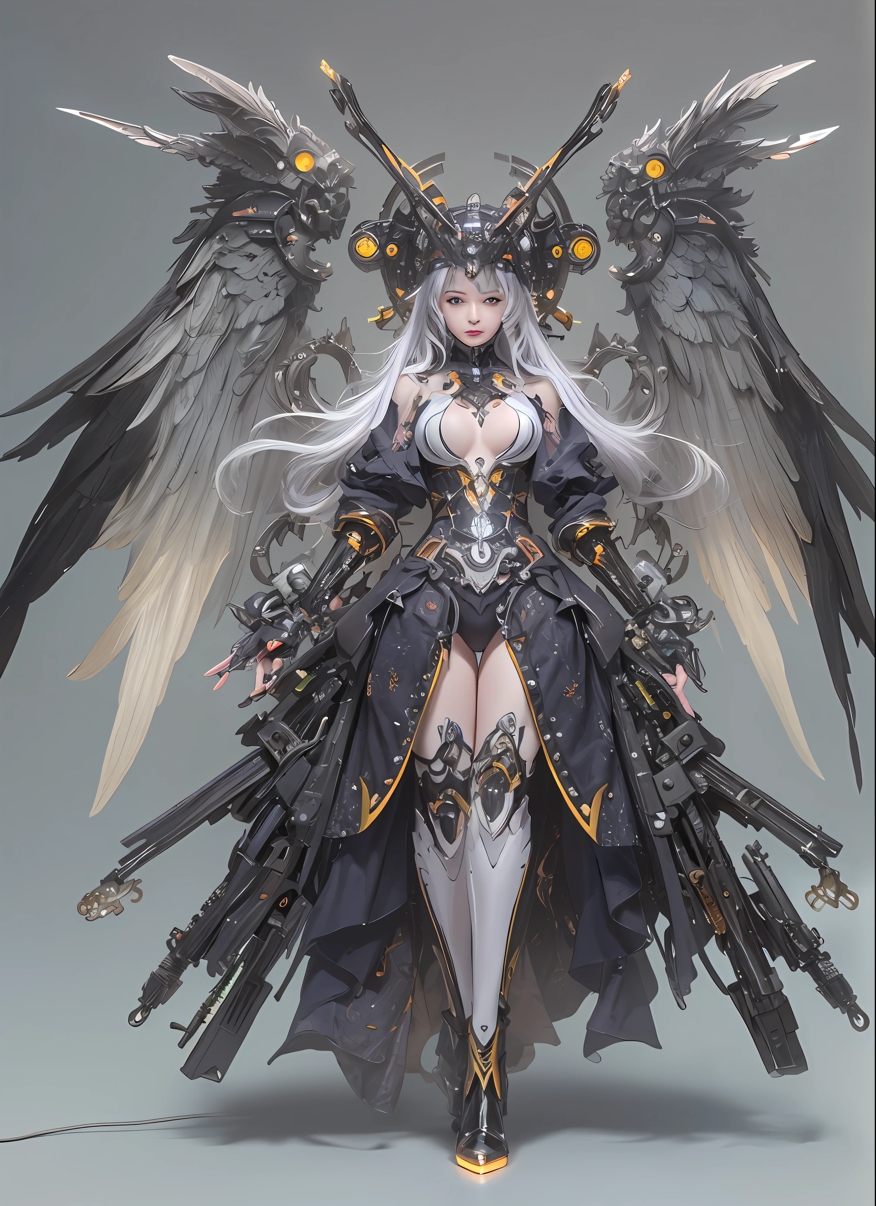 top-quality、masterpiece、超A high resolution、(Photorealsitic:1.4)、Raw photo、女の子1人、Black hair、glowy skin、1 Mechanical Angel、large metal wings、Shining Angel Circle、((super realistic details))、portlate、globalillumination、Shadow、octan render、8K、ultrasharp、Colossal tits、Raw skin is exposed in cleavage、White porcelain body、Details of complex ornaments、About Cyberpunk、Glowing LEDs、IC chips、Base、Data Links、Hydraulic cylinder、highly intricate detail、Realistic light、a purple eye、radiant eyes、Facing the camera、neon details、Mechanical limbs、blood vessels connected to tubes、Mechanical vertebrae attached to the back、mechanical cervical attaching to neck、cowboy shot、Wires and cables connecting to the head、Luminous tube、Small LED lamp、Sumerian details、