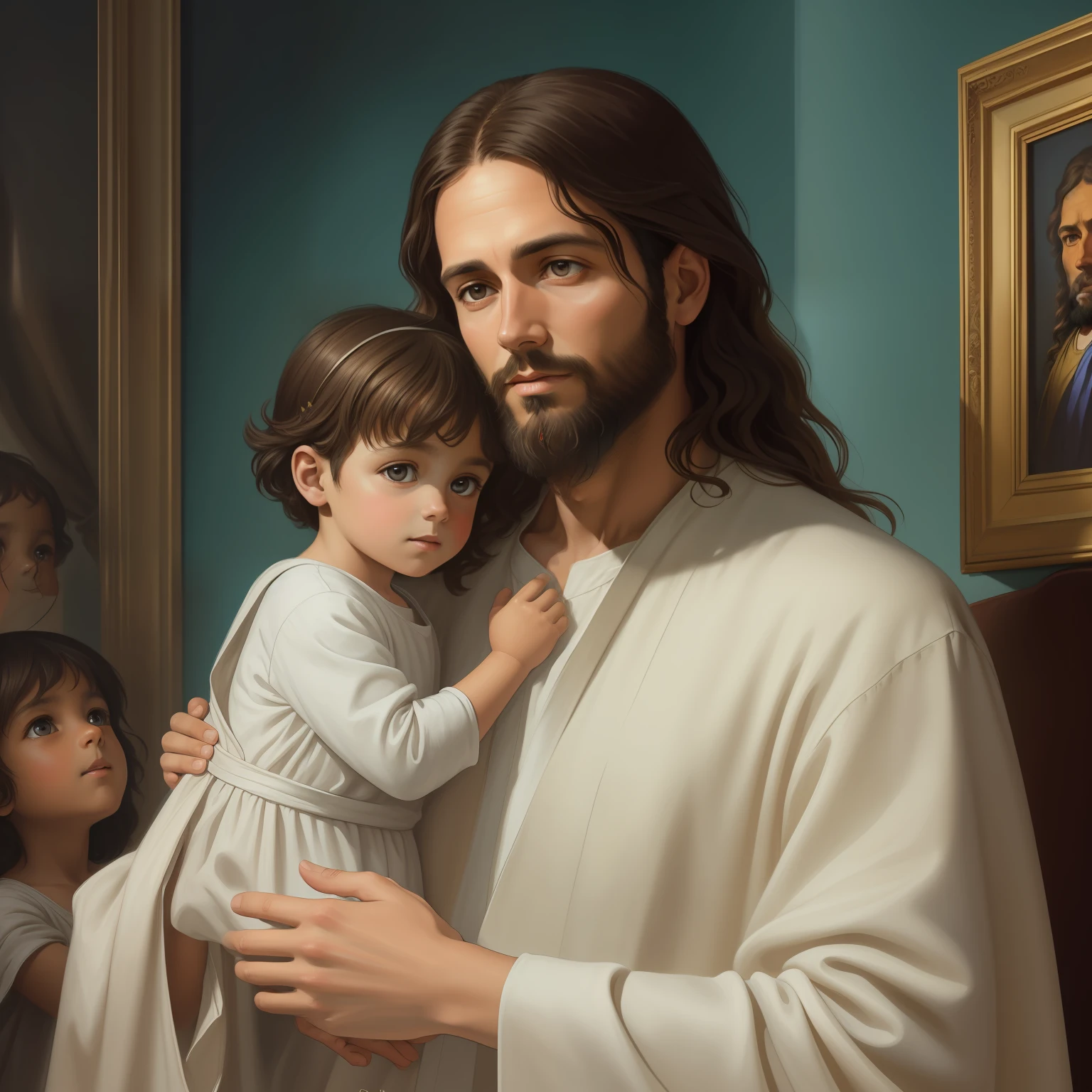 A beautiful ultra-thin realistic portrait of Jesus, the prophet, a man 33 years old Hebrew brunette, short brown hair, long brown beard, with blessings child in hand, wearing long linen tunic closed on the chest part, in front view, full body, biblical, realistic,by Diego Velázquez,Peter Paul Rubens,Rembrandt,Alex Ross,8k, Concept Art, PhotoRealistic, Realistic,  Illustration, Oil Painting, Surrealism, HyperRealistic, blessings child s, Digital art, style, watercolor