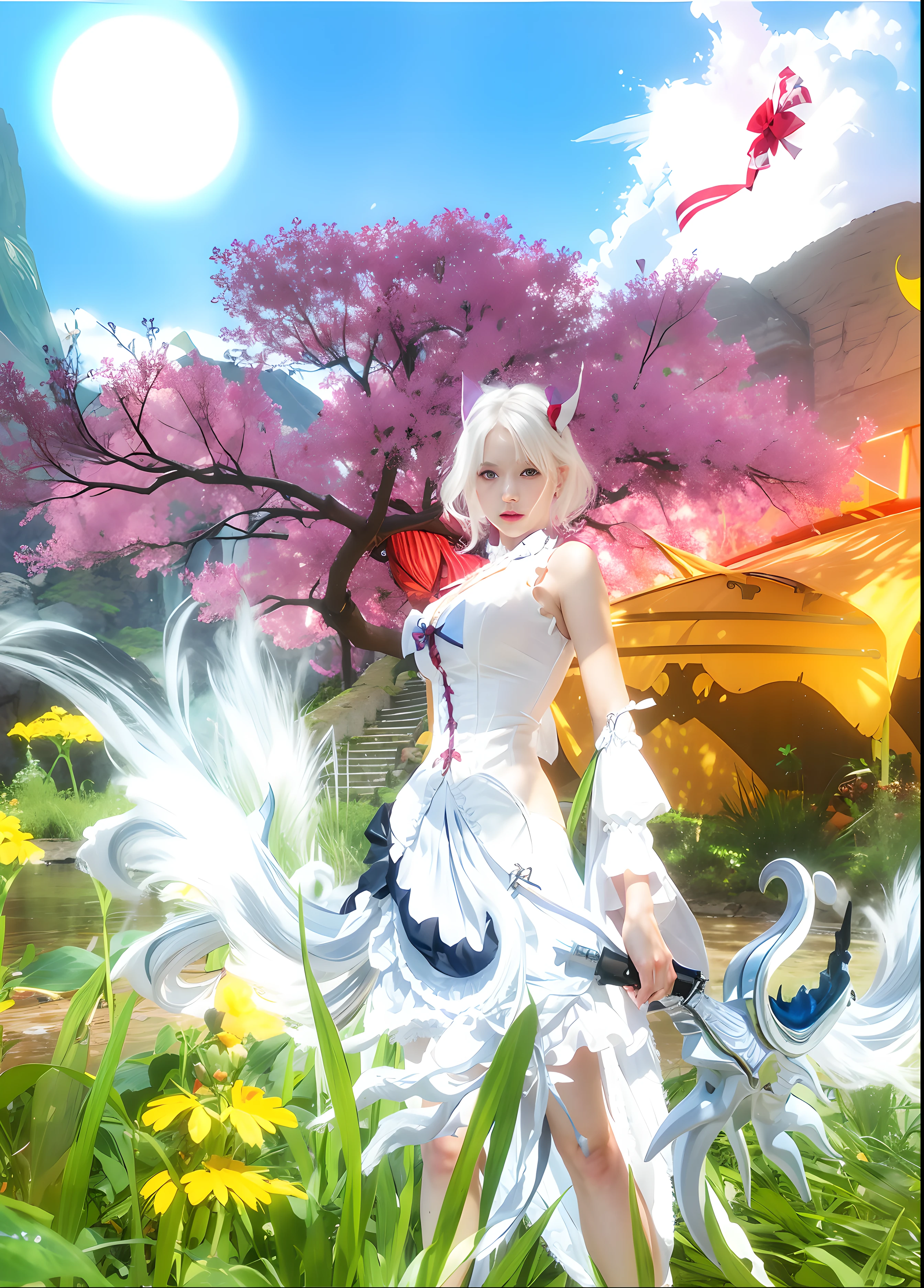 (photorealistic:1.4), best quality, masterpiece, ultra high res, 1girl, (detailed face:1.2), (detailed eyes:1.2), (detailed hair:1.2), (detailed clothes:1.2), 4k, (detailed color:1.2), sky, (holding a bow:1.2), bow, sun flower, (white hair:1.2), (red eyes:1.2),