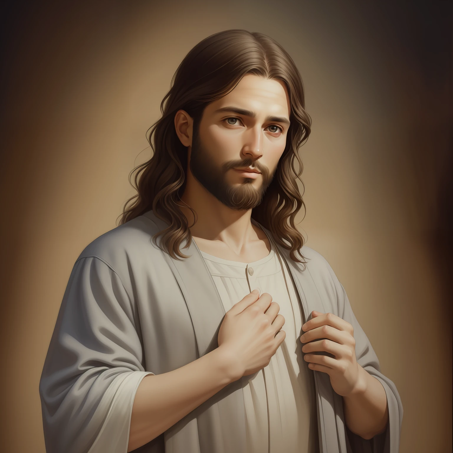 A beautiful ultra-thin realistic portrait of Jesus, the prophet, a man 33 years old Hebrew brunette, short brown hair, long brown beard, with blessings child in hand, wearing long linen tunic closed on the chest part, in front view, full body, biblical, realistic,by Diego Velázquez,Peter Paul Rubens,Rembrandt,Alex Ross,8k, Concept Art, PhotoRealistic, Realistic,  Illustration, Oil Painting, Surrealism, HyperRealistic, blessings child s, Digital art, style, watercolor