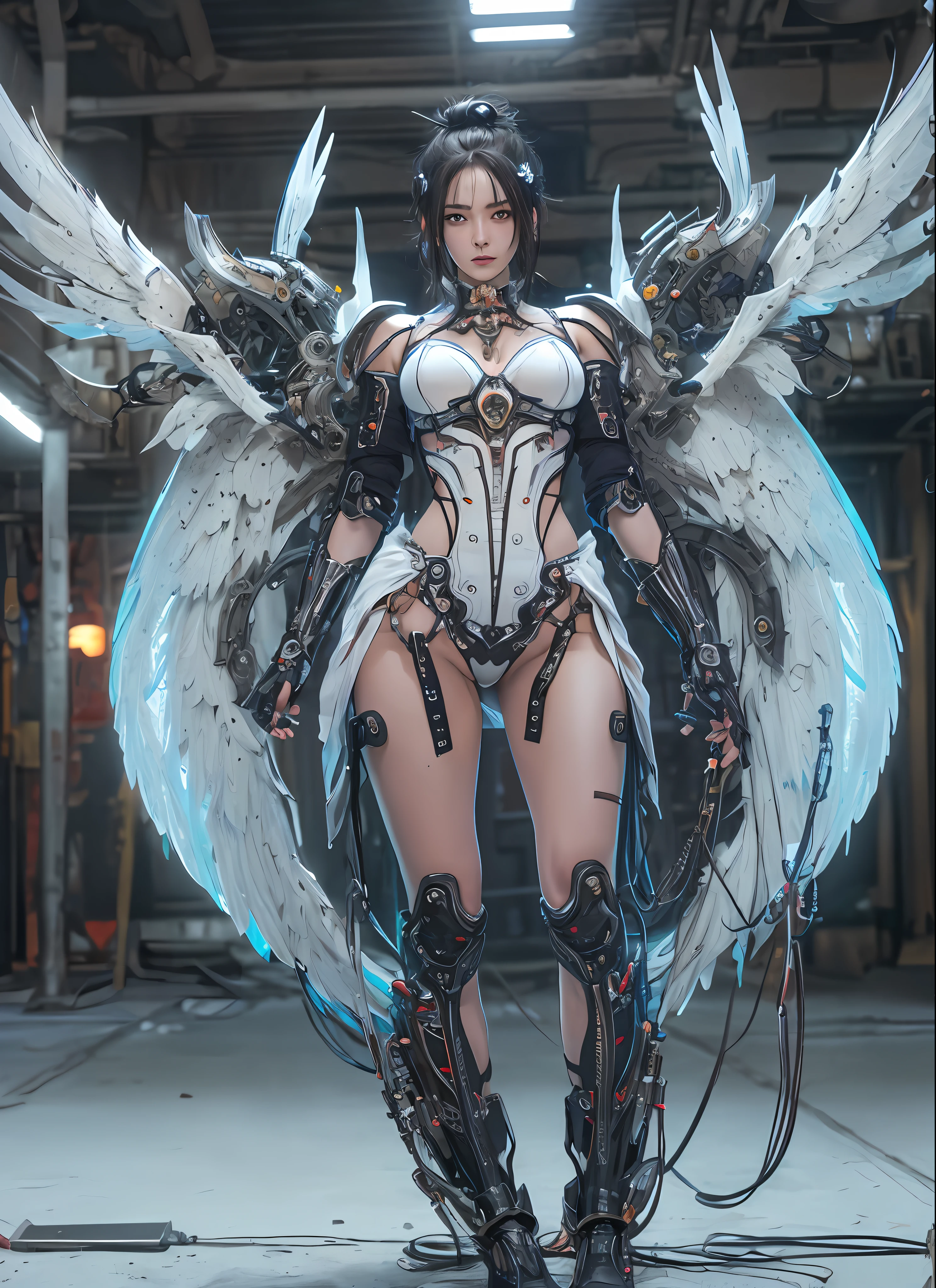 top-quality、masterpiece、超A high resolution、(Photorealsitic:1.4)、Raw photo、1人、Black hair、glowy skin、1 Mechanical Angel、large metal wings、Shining Angel Circle、((super realistic details))、portlate、globalillumination、Shadow、octan render、8K、ultrasharp、Colossal tits、Raw skin is exposed in cleavage、White porcelain body、Details of complex ornaments、About Cyberpunk、Glowing LEDs、IC chips、Base、Data Links、Hydraulic cylinder、highly intricate detail、Realistic light、a purple eye、radiant eyes、Facing the camera、neon details、Mechanical limbs、blood vessels connected to tubes、Mechanical vertebrae attached to the back、mechanical cervical attaching to neck、cowboy shot、Wires and cables connecting to the head、Luminous tube、Small LED lamp、Sumerian details、