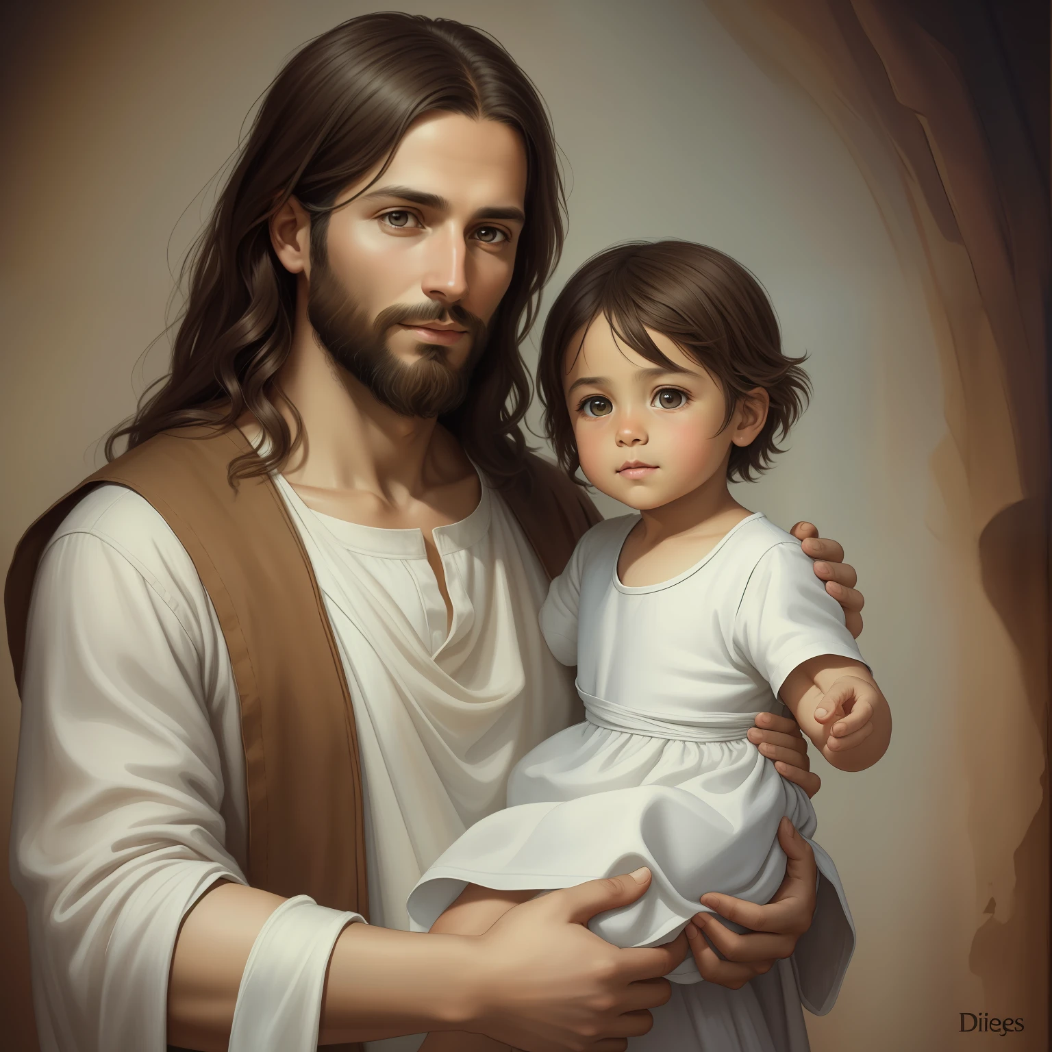 A beautiful ultra-thin realistic portrait of Jesus, the prophet, a man 33 years old Hebrew brunette, short brown hair, long brown beard, with blessings child in hand, wearing long linen tunic closed on the chest part, in front view, full body, biblical, realistic,by Diego Velázquez,Peter Paul Rubens,Rembrandt,Alex Ross,8k, Concept Art, PhotoRealistic, Realistic,  Illustration, Oil Painting, Surrealism, HyperRealistic, blessings child s, Digital art, style, watercolor