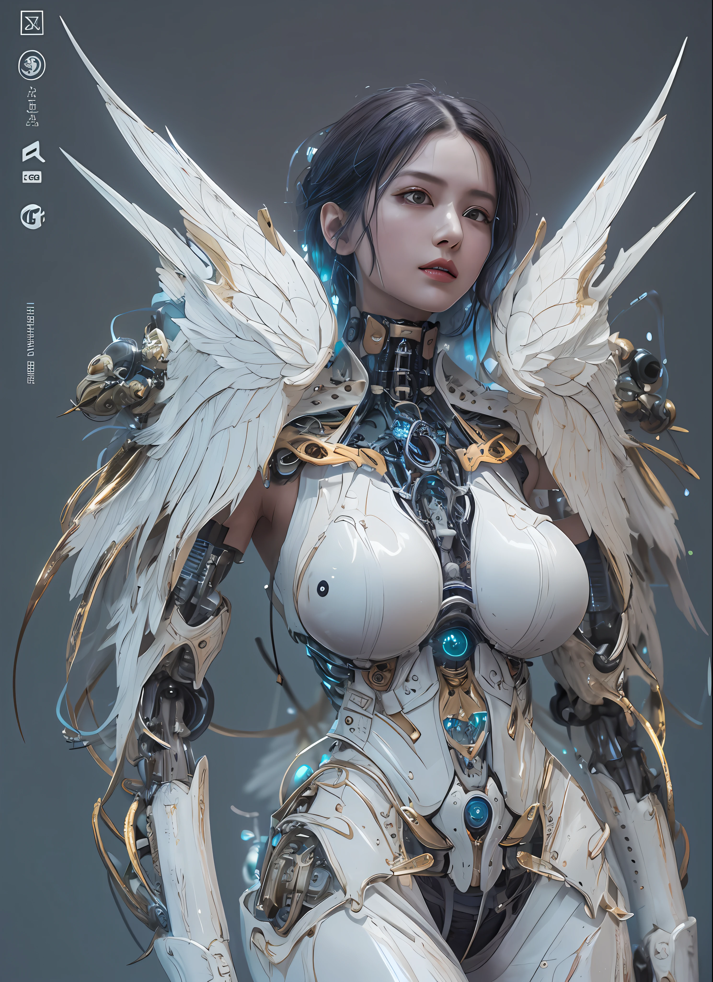 top-quality、masterpiece、超A high resolution、(Photorealsitic:1.4)、Raw photo、女の子1人、Black hair、glowy skin、1 Mechanical Angel、large metal wings、Shining Angel Circle、((super realistic details))、portlate、globalillumination、Shadow、octan render、8K、ultrasharp、Colossal tits、Raw skin is exposed in cleavage、White porcelain body、Details of complex ornaments、About Cyberpunk、Glowing LEDs、IC chips、Base、Data Links、Hydraulic cylinder、highly intricate detail、Realistic light、a purple eye、radiant eyes、Facing the camera、neon details、Mechanical limbs、blood vessels connected to tubes、Mechanical vertebrae attached to the back、mechanical cervical attaching to neck、cowboy shot、Wires and cables connecting to the head、Luminous tube、Small LED lamp、Sumerian details、