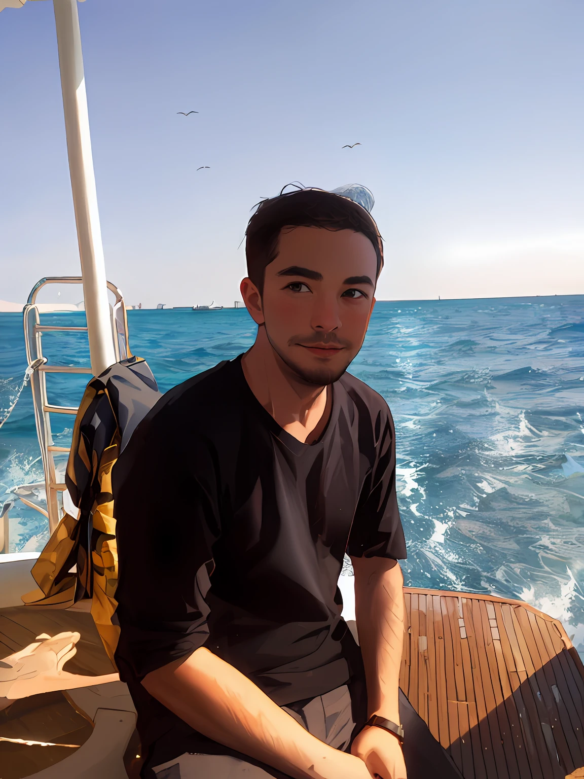 Man sitting on a boat looking at camera,When looking at the camera, in egypt, On the sea, Have by the sea, on the ocean water, Red Sea, On a boat, In the middle of the ocean!!!!!, In a sea, 26 year old man on a sailboat