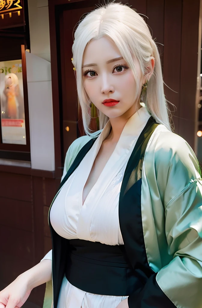 Tsunade senju. A woman. With a white hair and a green robe. Big, round tits. With parting cream hair. With yellow eyes and glowing red lips. Standing in front of the store. Very realistic and very beautiful