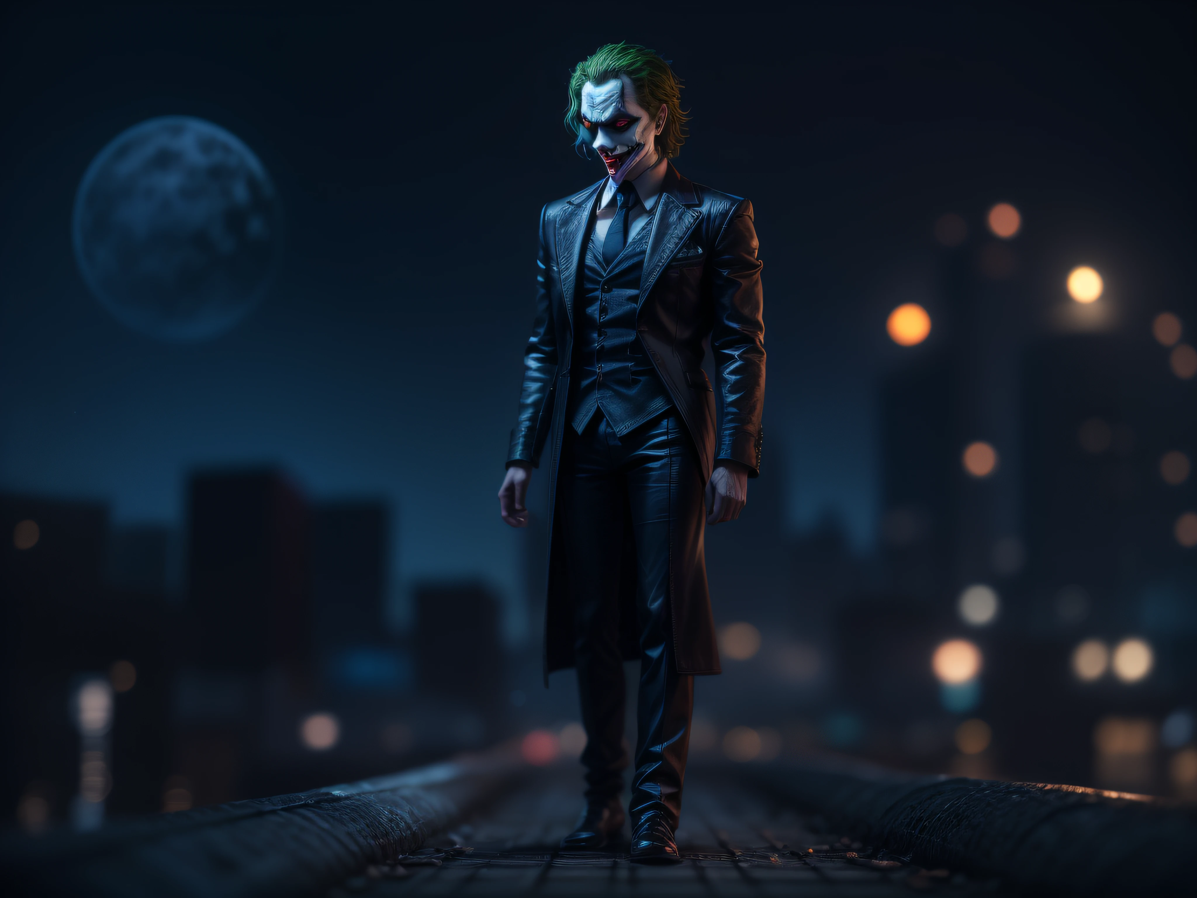 Close a powerful threat, The creepy appearance of the mysterious and frightening Joker, inimmigo de Batman, vestido com de forma elegante mas colorida, menacing stare, ricamente detalhado, Hiper realista, 3D-rendering, obra-prima, NVIDIA, RTX, ray-traced, Bokeh, Night sky with a huge and beautiful full moon, estrelas brilhando, 8k,