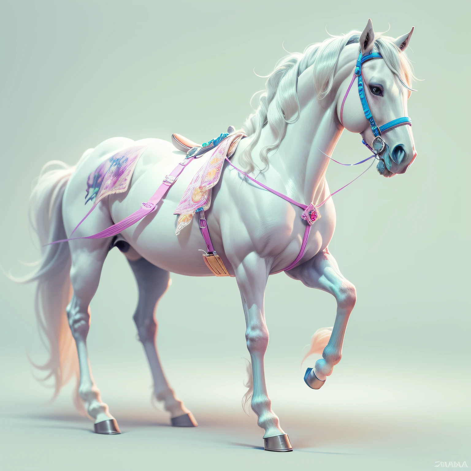cavalo branco anatomicamente correto, andamento gracioso, runas azuis neon gravadas no corpo, detalhes ultra realistas.