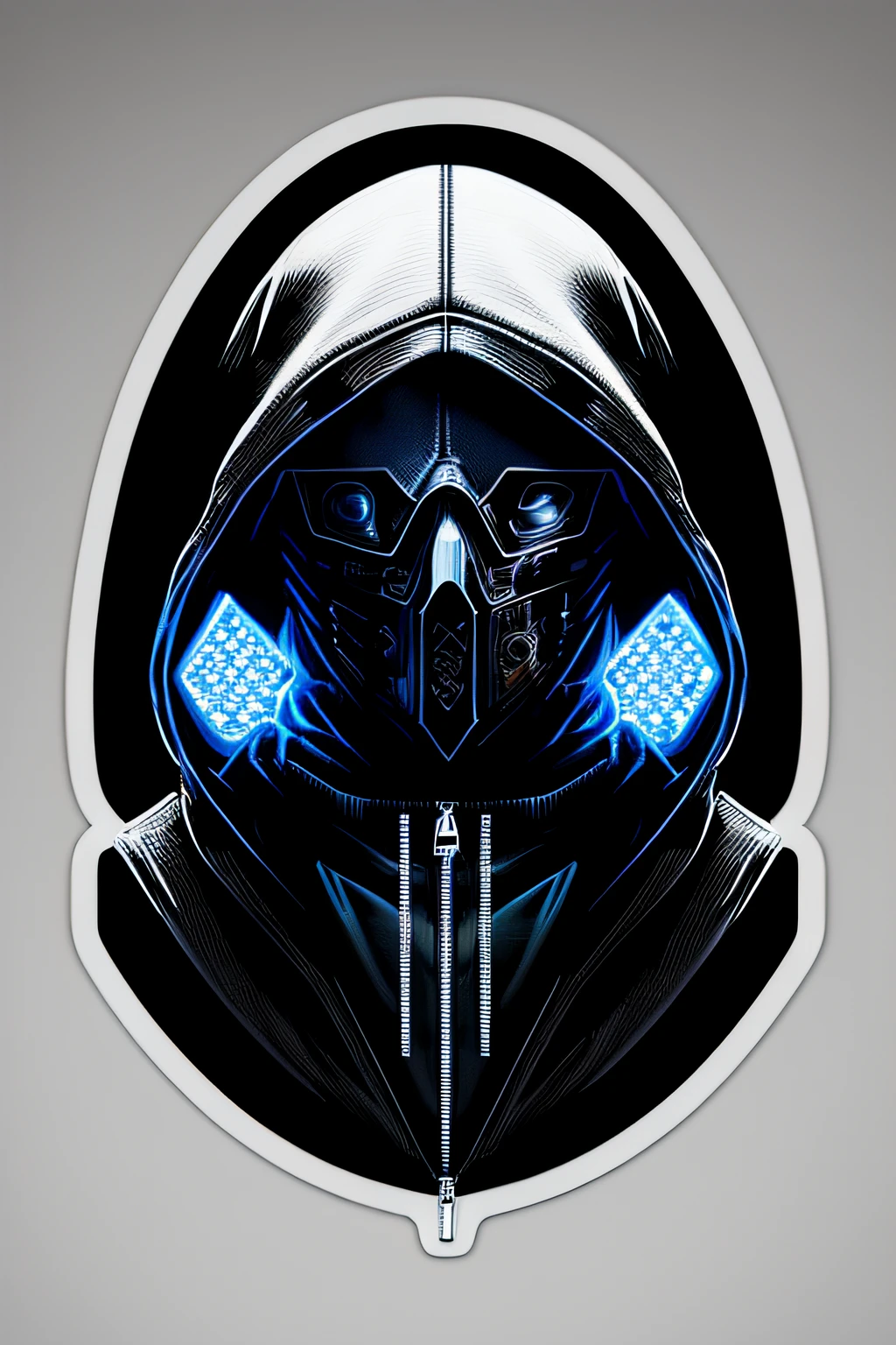 (((stickers))) man in a hoodedie standing in front of a white background, dark cloaked figure, hooded figure, look to front, middle, centered, realist, cyberpunk (masterpiece:1.5), street wear, (best quality), (ultra detailed), (4k,intricate), (highly detailed:1.2), wide shot
