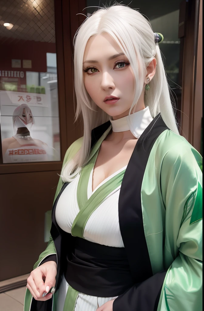 Tsunade senju. A woman. With a white hair and a green robe. Big, round tits. With parting cream hair. With yellow eyes and glowing red lips. Standing in front of the store. Very realistic and very beautiful