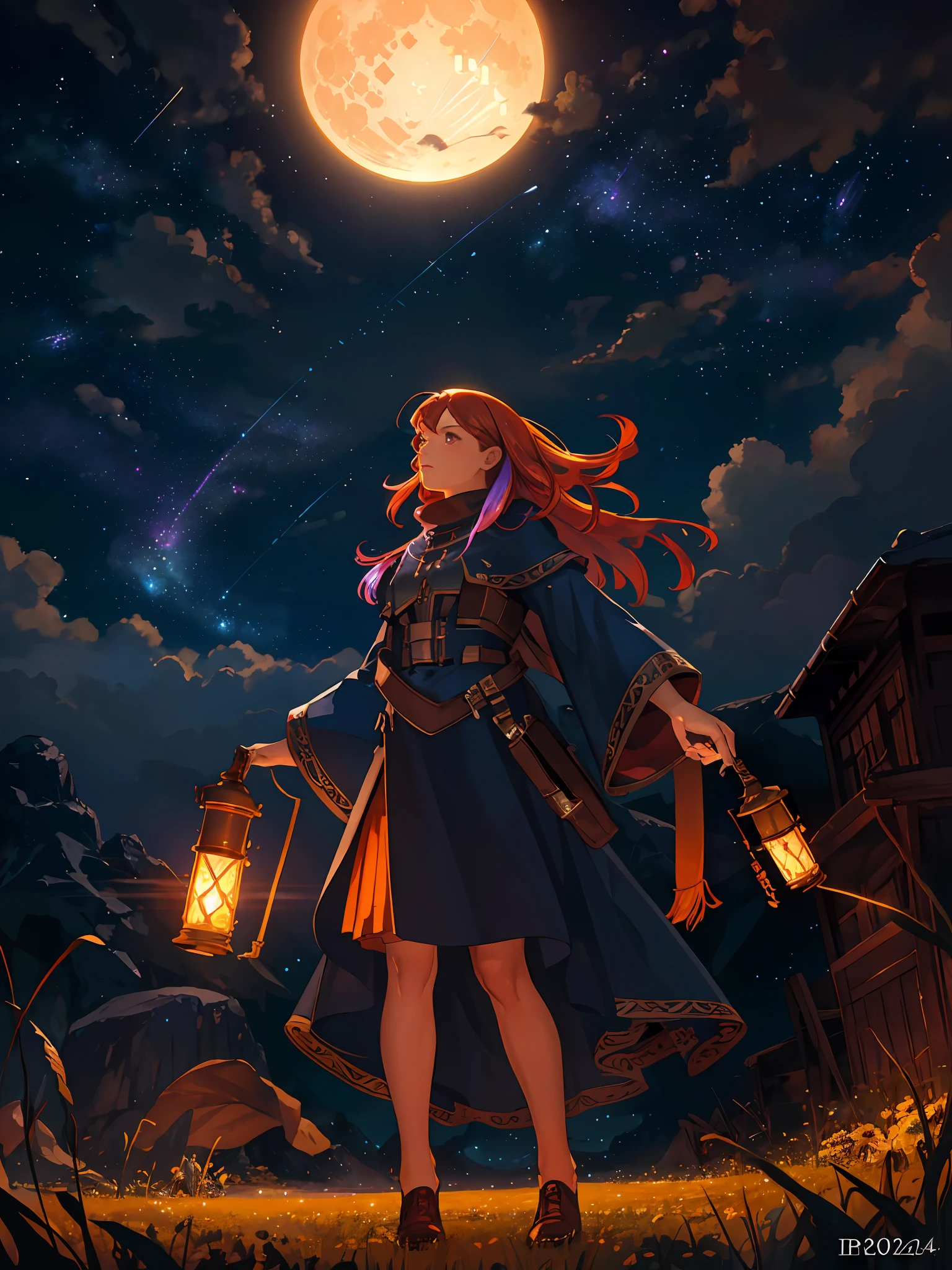 expansive landscape photograph , (a view from below that shows sky above and open field below), a girl standing on flower field looking up, (full moon:1.2), ( shooting stars:0.9), (nebula:1.3), distant mountain, tree BREAK
production art, (warm light source:1.2), (Firefly:1.2), lamp, lot of purple and orange, intricate details, volumetric lighting, realism BREAK
(masterpiece:1.2), (best quality), 4k, ultra-detailed, (dynamic composition:1.4), highly detailed, colorful details,( iridescent colors:1.2), (glowing lighting, atmospheric lighting), dreamy, magical, (solo:1.2)