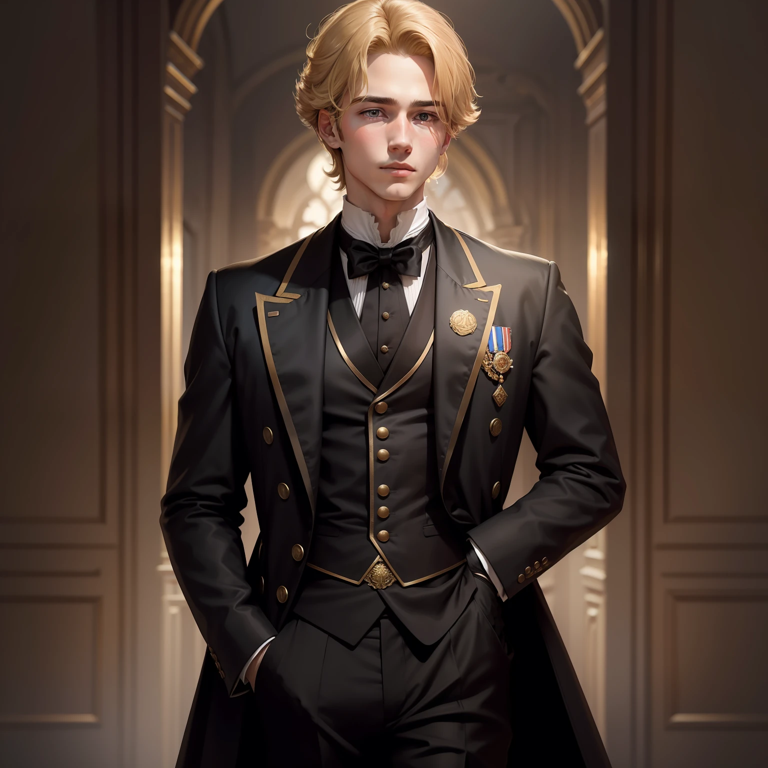 a golden haired 18 year old imperial prince, in a victorain era style black suit