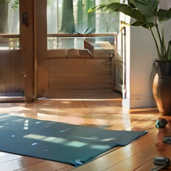 A yoga mat is placed in a natural environment, como uma praia ou uma floresta. The carpet is made of a light color and has a mandala pattern. Em cima do tapete, There's a pair of dumbbells and a jump rope. The sun is shining and the trees are swaying in the wind. There is a sense of peace and tranquility in the image.