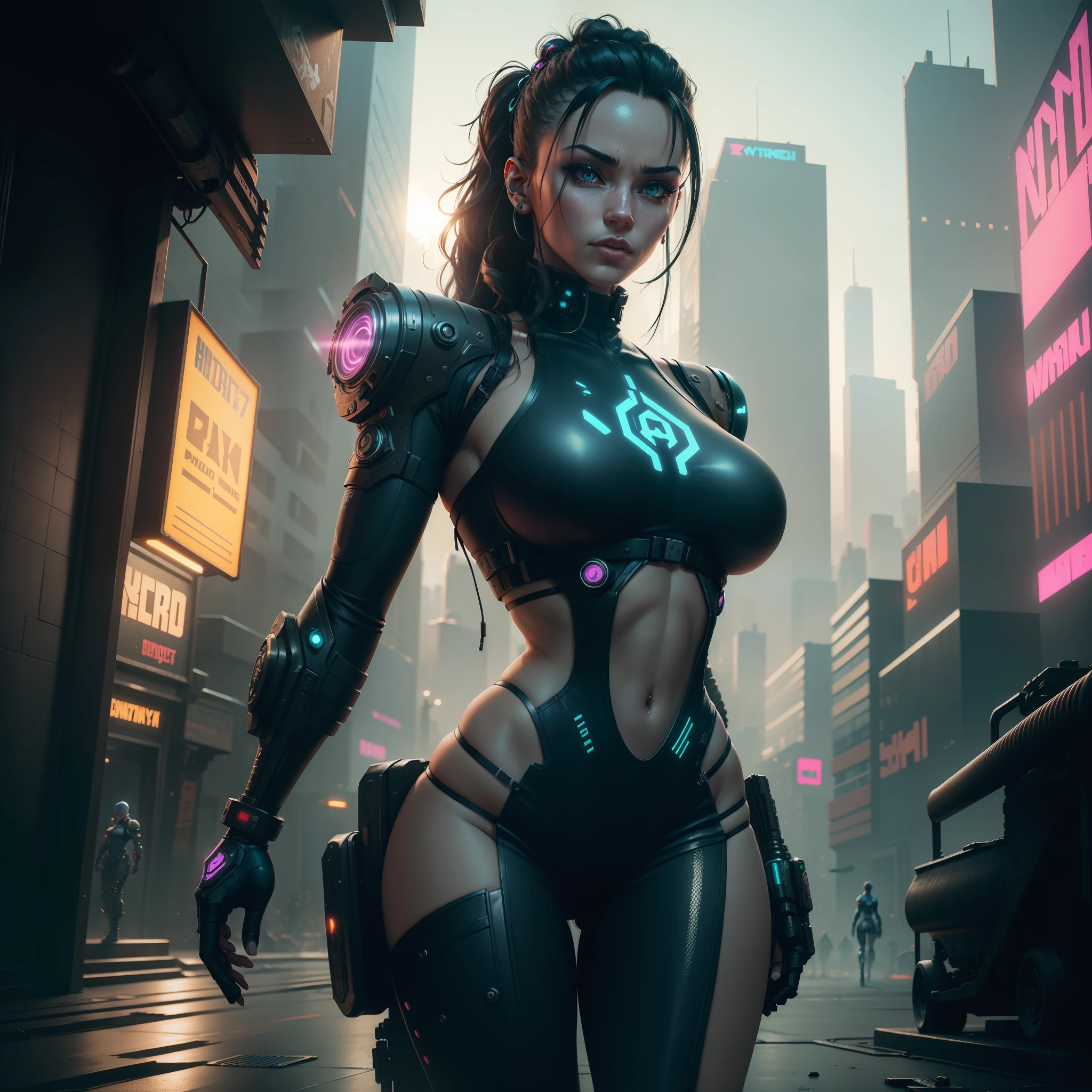 wide angle action shot of a beautiful cyberpunk android, gym instructor body, in a cyberpunk city, highly textured, highly detailed, highly realistic cyberpunk 2077, steampunk elements, dark art, ethereal art, dramatic lighting, cyberpunk environment