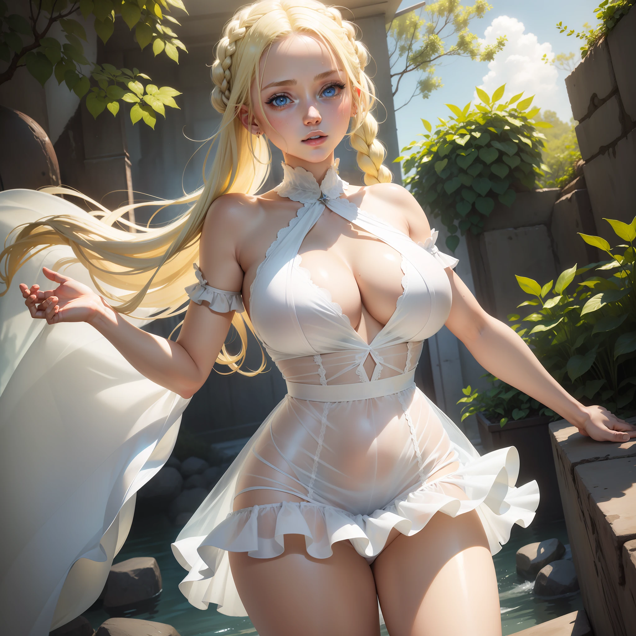 Excellent, masterpiece, light yellow hair, blue eyes, transparent semi-wet dress white dress, black shorts, looking up, upper body, hair, fair skin, side braids, big breasts, shiny thighs
