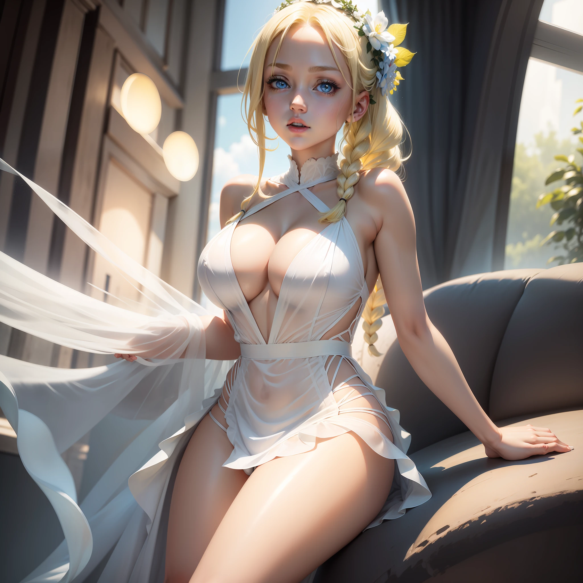 Excellent, masterpiece, light yellow hair, blue eyes, transparent semi-wet dress white dress, black shorts, looking up, upper body, hair, fair skin, side braids, big breasts, shiny thighs