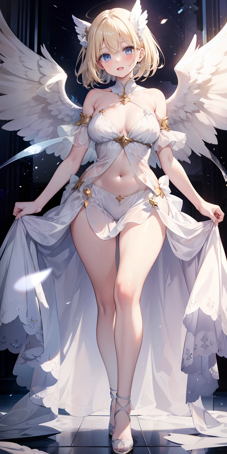 Angel girl, angel wings on back, White dress, pale skin, blue eyes, ear, nose, open mouth, smiling, blonde hair, neck, shoulders, big chest, arms, belly, thin waist, thick legs, big thigh, feet, floor, standing