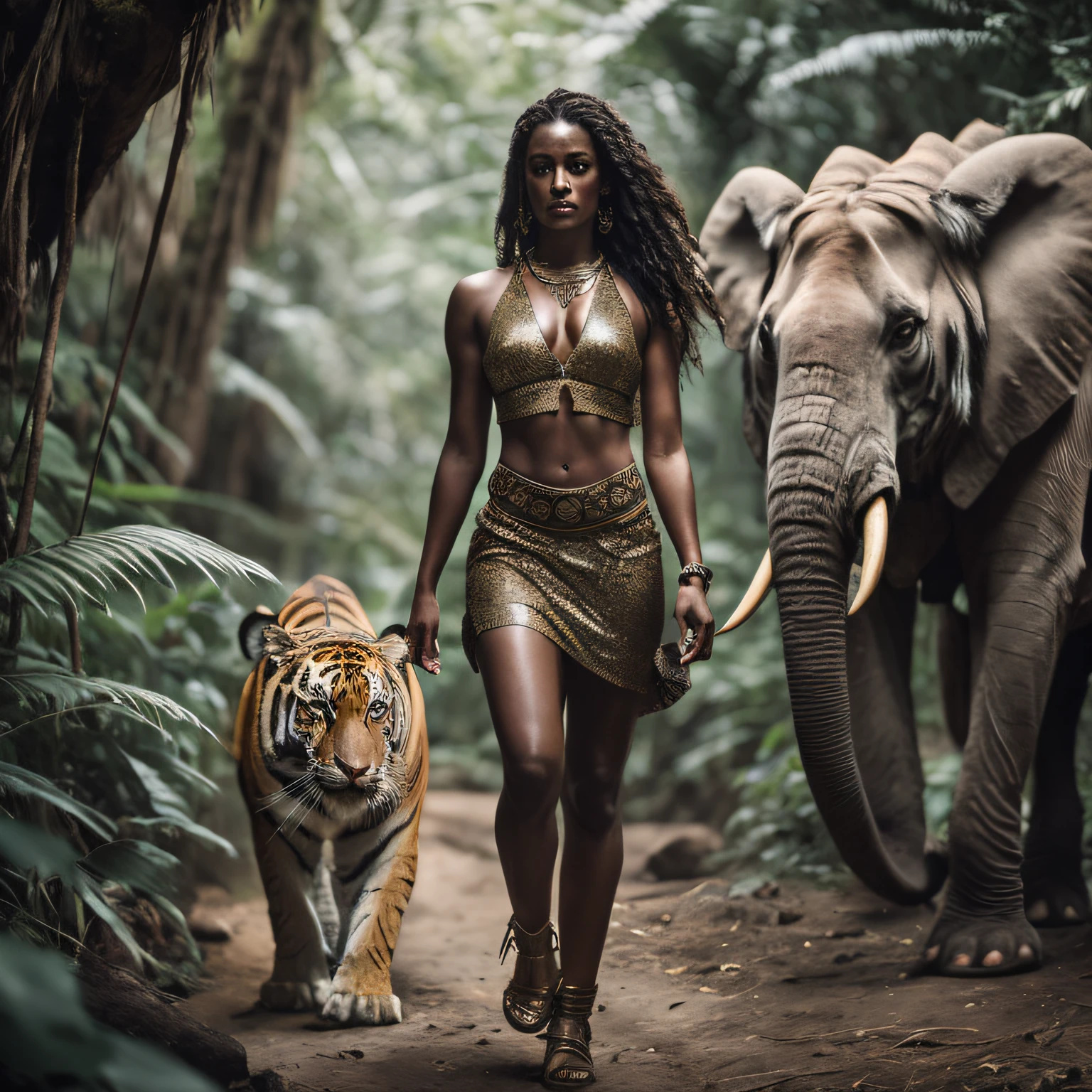 Hay una mujer caminando con un elefante y un tigre, Impresionante princesa africana, Reina de la Selva, in a jungle environment, en una jungla, en la selva, gorgeous jungle ranger, African mythology, por Jakob Gauermann, Princesa africana, Mujer impresionante, por Wayne England, por Dietmar Damerau, Mujer preciosa, por Seb McKinnon, En la selva