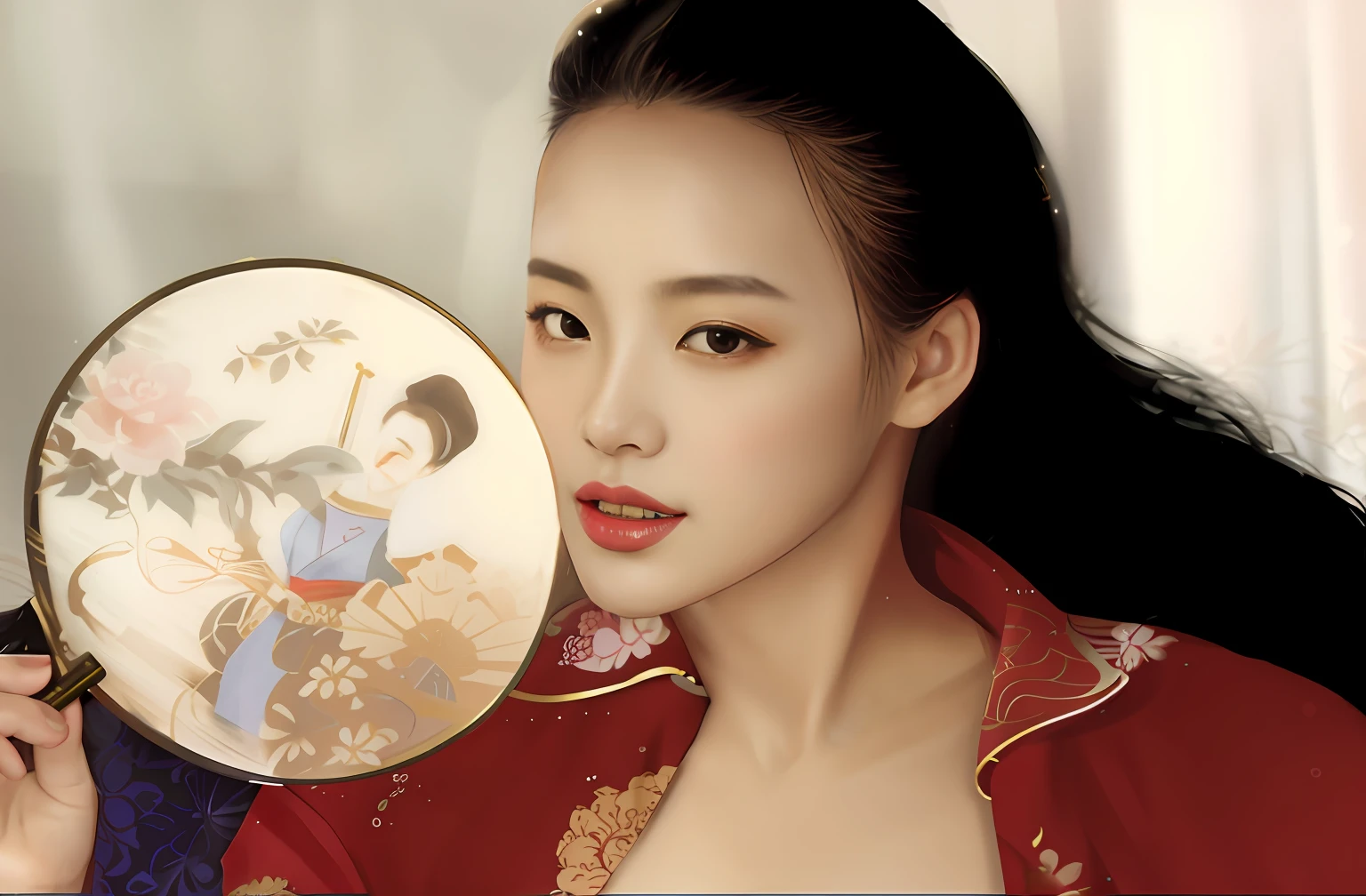 Araki woman in red kimono looks at the camera with a fan, portrait of mulan, Beautiful digital artwork, Chinese woman, A beautiful artwork illustration, inspired by Wu Bin, inspired by Zhang Shuqi, Beautiful oriental woman, inspired by Yun Du-seo, inspired by Zhang Yan, glossy digital painting, Chinese girl, Gorgeous digital painting