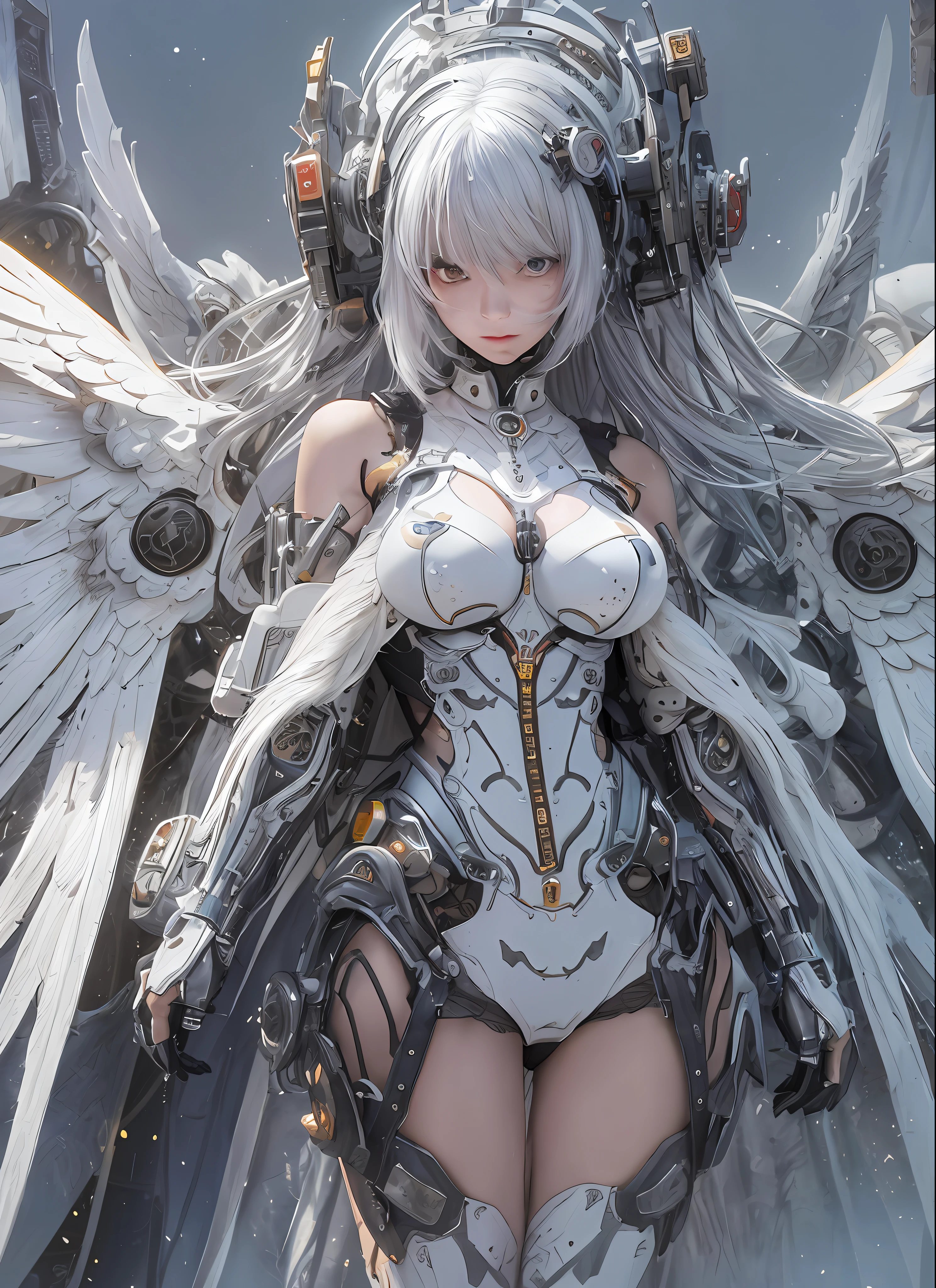 top-quality、masterpiece、超A high resolution、(Photorealsitic:1.4)、Raw photo、Battle Cyborg Angel、large wings made of metal、White porcelain body、Acrylic Clear Cover、white hair、glowy skin、1 Cyborg Girl、((super realistic details))、portlate、globalillumination、Shadow、octan render、8K、ultrasharp、character edge light,Colossal tits、Raw skin is exposed in cleavage、Details of complex ornaments、Sumerian details、Hydraulic cylinder、Small LED lamp、highly intricate detail、Realistic light、a purple eye、radiant eyes、Facing the camera、neon details、cowboy shot、Futuristic headgear、About Cyberpunk、、