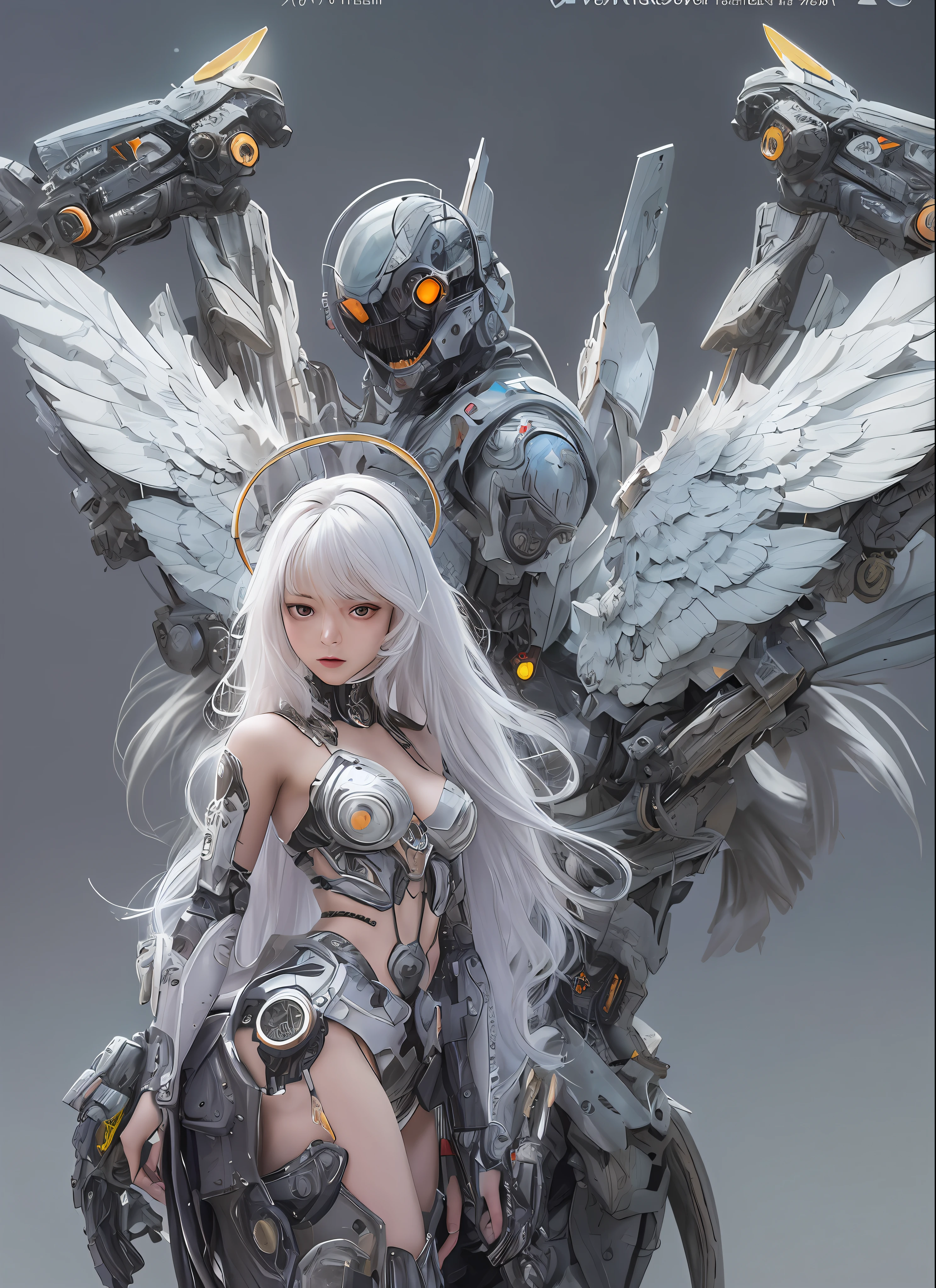 top-quality、masterpiece、超A high resolution、(Photorealsitic:1.4)、Raw photo、Battle Cyborg Angel、large wings made of metal、White porcelain body、Acrylic Clear Cover、white hair、glowy skin、1 Cyborg Girl、((super realistic details))、portlate、globalillumination、Shadow、octan render、8K、ultrasharp、character edge light,Colossal tits、Raw skin is exposed in cleavage、Details of complex ornaments、Sumerian details、Hydraulic cylinder、Small LED lamp、highly intricate detail、Realistic light、a purple eye、radiant eyes、Facing the camera、neon details、cowboy shot、Futuristic headgear、About Cyberpunk、、