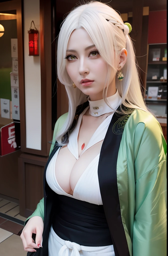 Tsunade senju. A woman. With a white hair and a green robe. Big, round tits. With parting cream hair. With yellow eyes and glowing red lips. Standing in front of the store. Very realistic and very beautiful