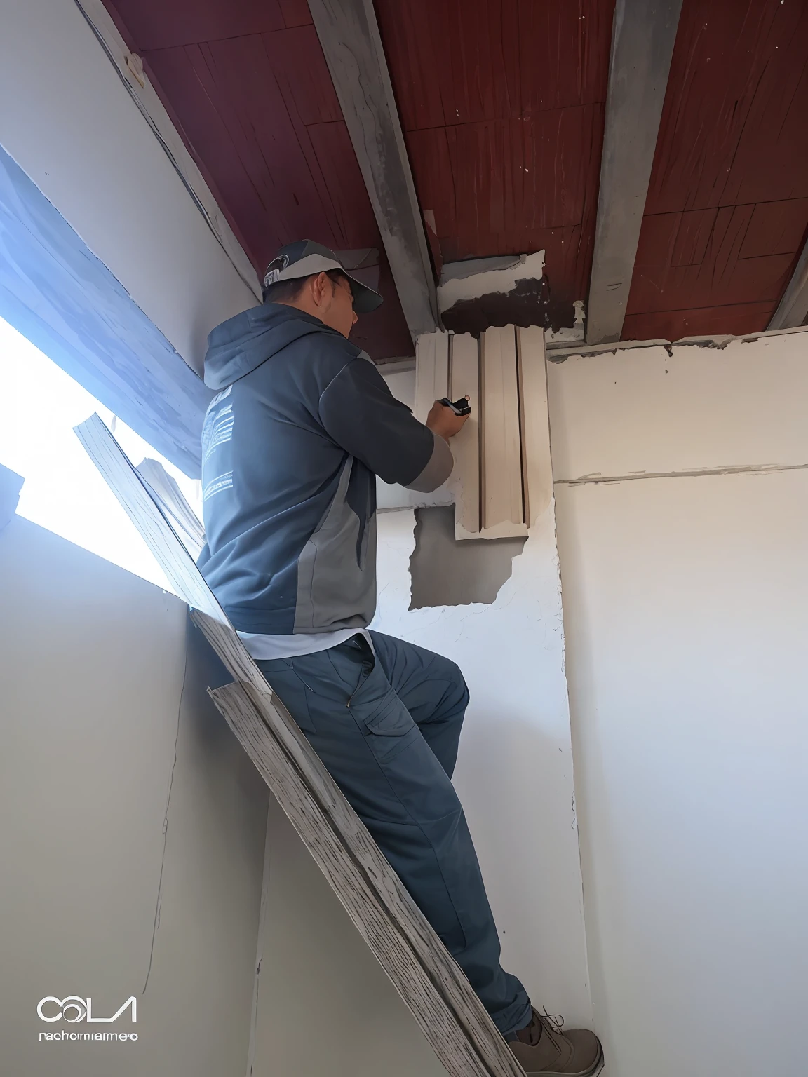 homem arafed em uma escada pintando uma parede com um rolo de tinta, stretching to walls, ombro na frente pose, Maintenance photo, Servando Lupini, trabalho profissional, Man?, fotografia, Velho fazendo trabalho duro, Installation, 2 0 2 2 foto, em reparos, demolition, Destruindo os muros, construction, gesso, reparar o outro