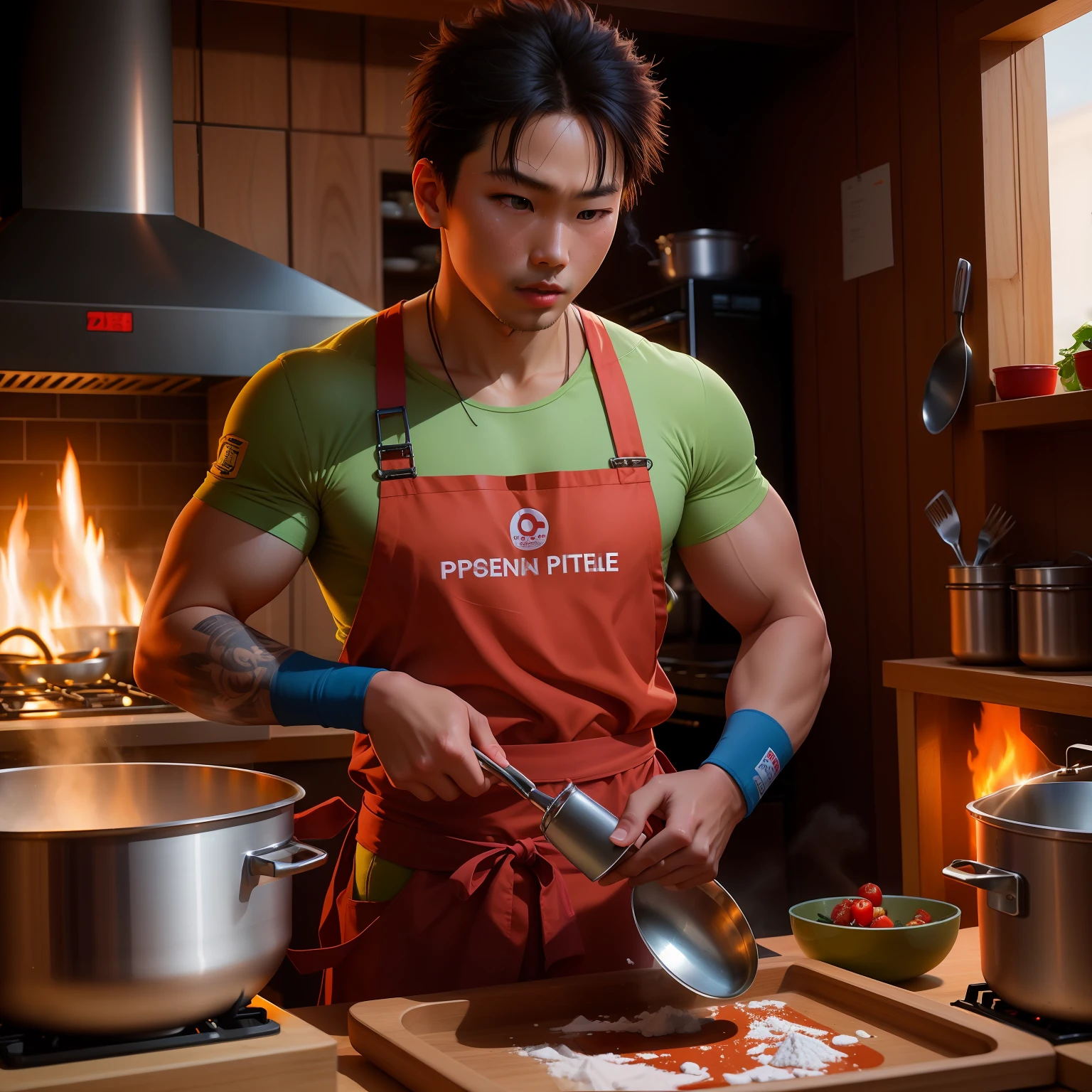 6--old nese boy imitating a chef, oversized chef's hat covering his eyes, white apron dusted with flour,In a hyper-realistic, bustling,yet outsized kitchen with levitating utensils and
ingredients, cool blue undertones against the vibrant food colors, photography,shot with Fujifilm GFX 50R,aperture f/2.0,
speed 1/500sIsO 200,echoing the visual aesthetic of David LaChapelle and René Magritte,--ar 7:4