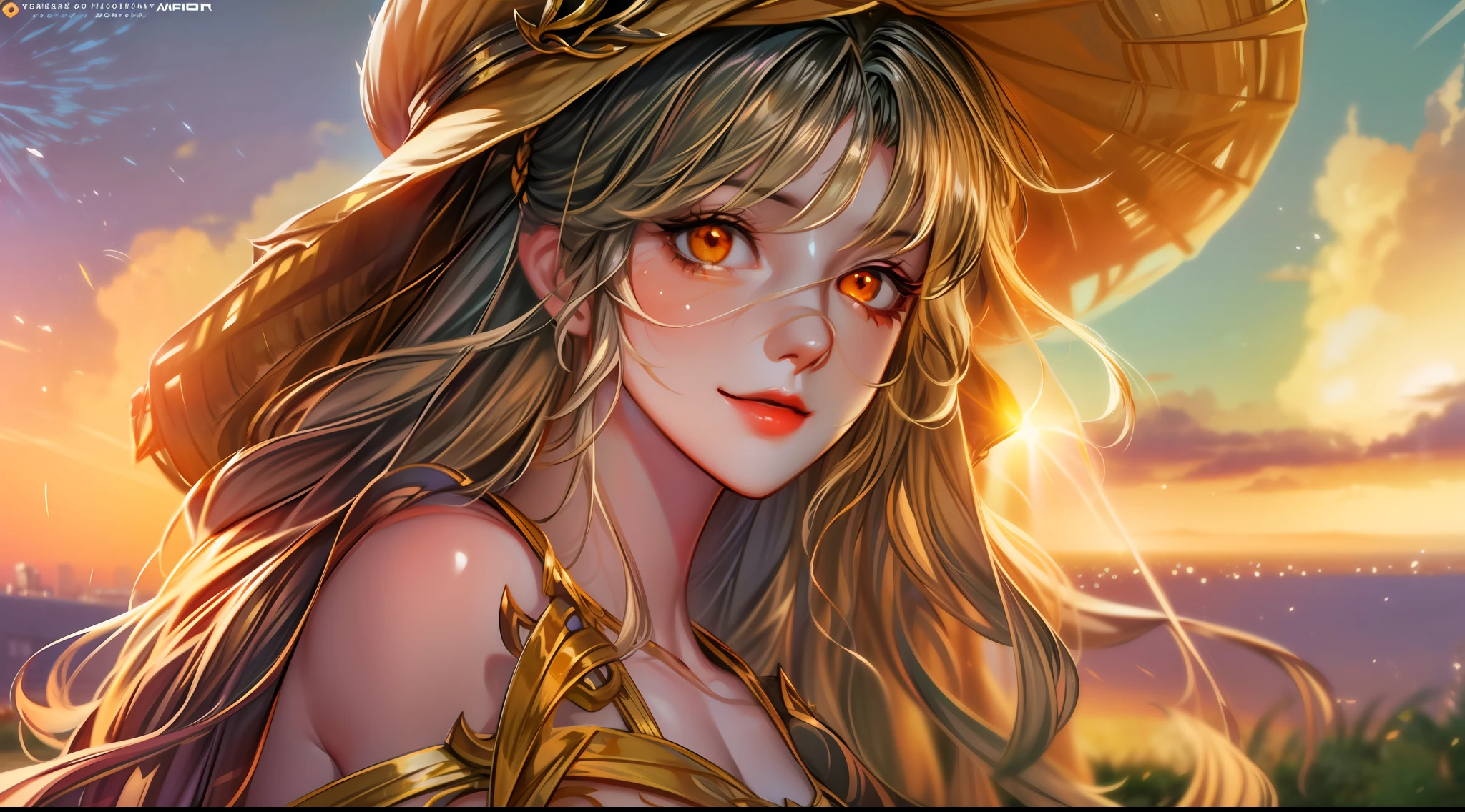 The "golden hour" is a term used in photography and cinematography to describe the time of day just after sunrise or just before sunset when the natural light is soft and warm, and the colors in the sky and on the landscape are particularly vivid and beautiful.In anime, the golden hour is often depicted through stunningly detailed and vibrant backgrounds, with the warm hues of the sun bathing the scenery in a rich, golden light. Characters might be shown basking in the glow of the sunset, their silhouettes sharply defined against the brilliant sky. The mood during the golden hour in anime is often peaceful, introspective, or romantic, as characters reflect on the beauty of the world around them.The golden hour is frequently used in anime to create a sense of wonder and awe, capturing the beauty of the natural world and inviting viewers to appreciate the fleeting moments of magic that can be found in everyday life. close POV, young anime girl wearing a beautiful dress, beautiful orange eyes sparkling, golden hour sunset, golden hour, golden hour scenery, smiling at the camera, elegant pose, looking at the viewer, fantasy art style, character portrait, drawn in medibang paint, 4k wallpaper, aesthetic, masterpiece, award-winning photography, macro photography vivid colors, photorealistic, atmospheric, cinematic, moody, rule of thirds, majestic, detailed, perfect anatomy cowboy shot, contrapposto, looking at viewer, highres, superb, 8k wallpaper, extremely detailed, intricate, unreal engine 5, volumetric lighting, realistic, realistic lighting, cinematic, 4k, cinematic lighting, 8k, depth of field, 3d, masterpiece, perfect, award-winning, hyper-detailed, photorealistic, ultra realistic, realistic light, hard lighting, intricate details, stop motion, hyperfocus, tonemapping, sharp focus, hyper detailed, detailed eyes, eyes focus, (illustration:1.1), highres, (extremely detailed CG unity 8k wallpaper:1.1), (mid shot1.25), (portrait:1.25), (solo:1.2), 1girl, (beautiful fac