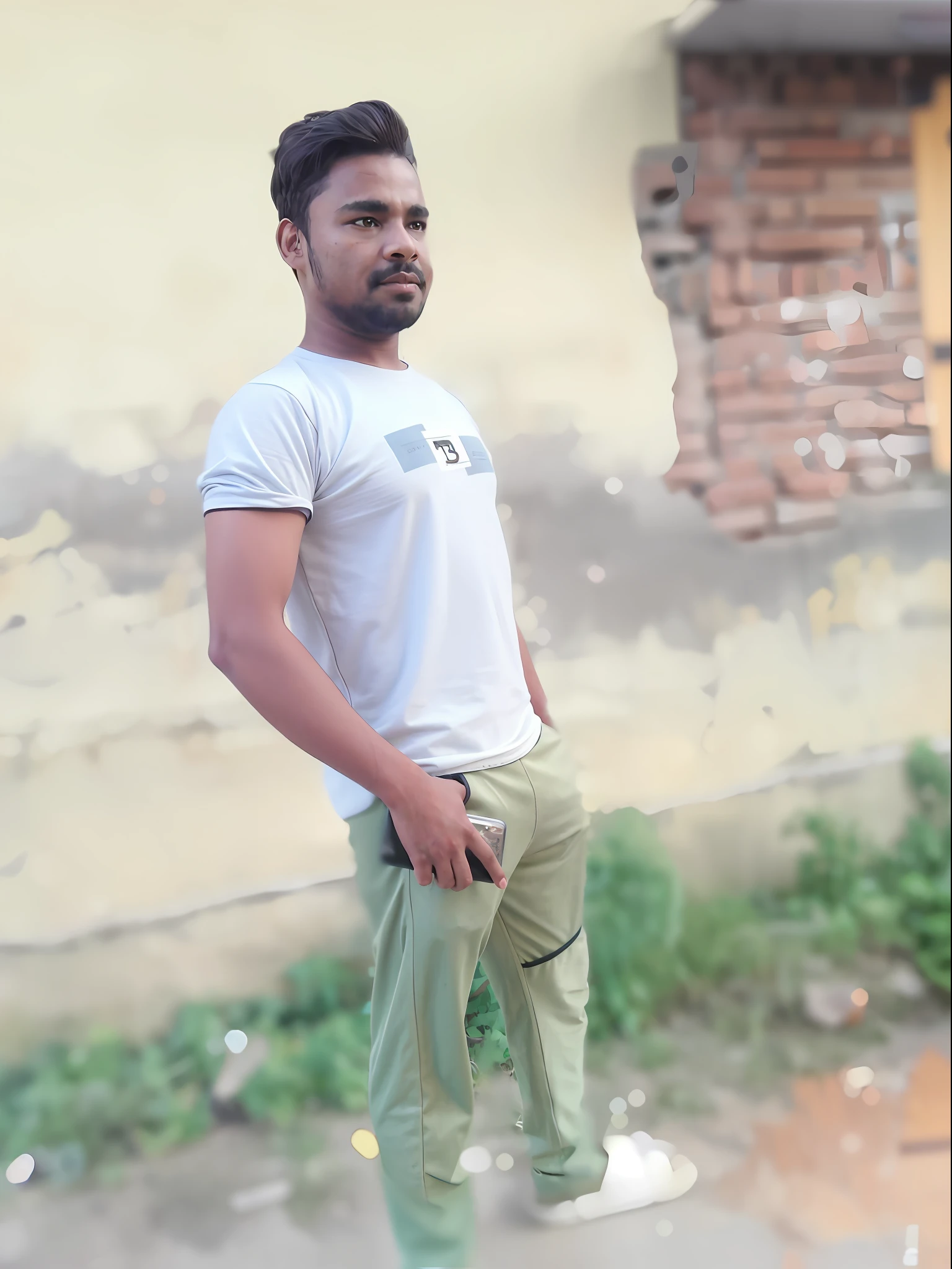 there is a man standing on the street with his hands in his pockets, full body picture, with accurate face, very artistic pose, candid picture, 4 0 years old man, around 1 9 , without helmet, full body in camera, distant full body view, very very low quality picture, standing in township street, full body photogenic shot, with lovely look