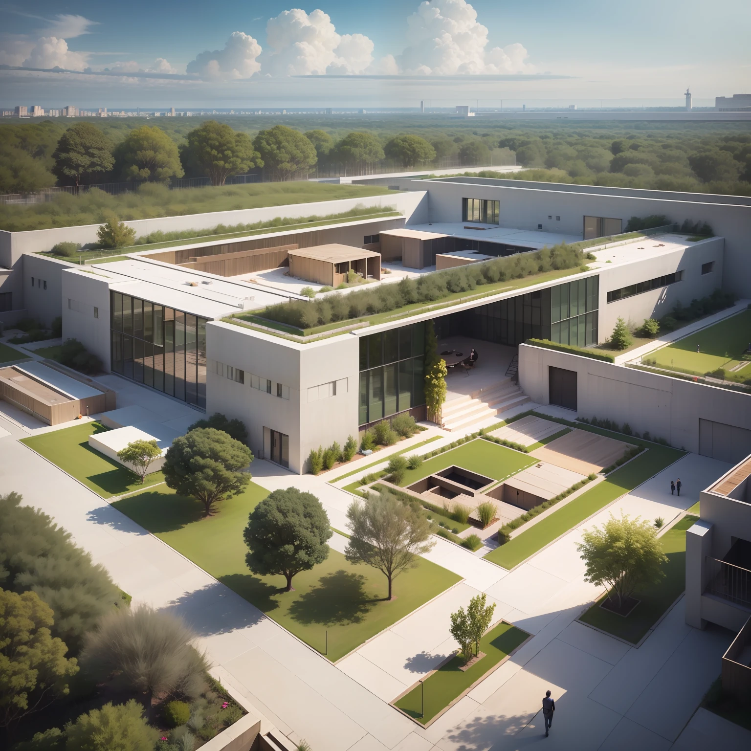 Building intended for a modern ground floor school with large central courtyard and large gardens, exuberante, but undergrowth, trees scattered throughout the space, Construction of modern architecture, hiperealismo, Fantastic architecture, 8K uh