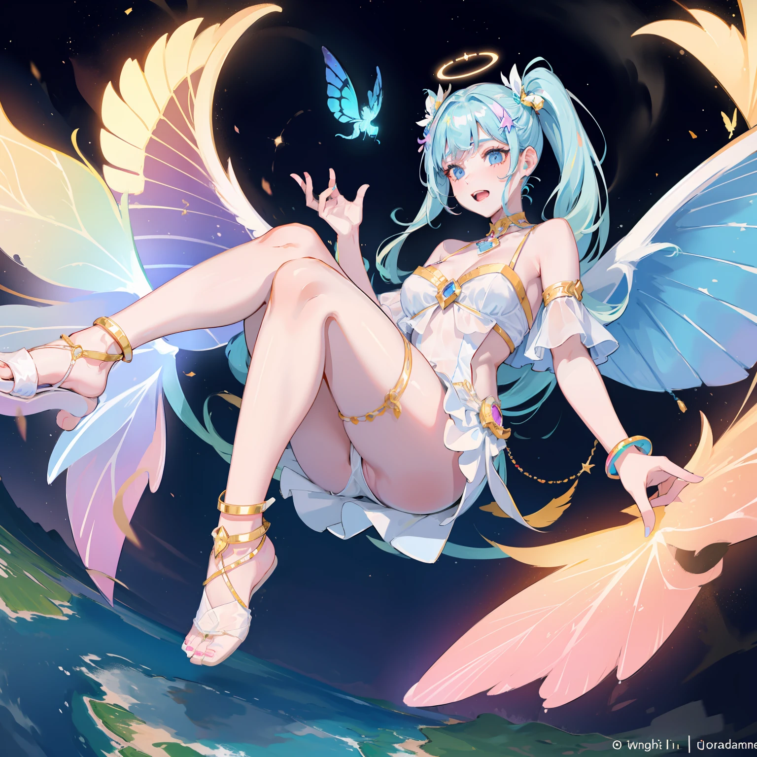 Female, I am a beautiful creature, clad in butterfly wings. They are colorful and stunning, with a halo made out of rainbows. I have white, long hair, twin ponytails, and rainbow eyes. My skin is pale white, like milk. I am curvy, yet soft in appearance. My nails, are a rainbow-like hue, and I often wear bracelets and anklets matching my wings' colors.