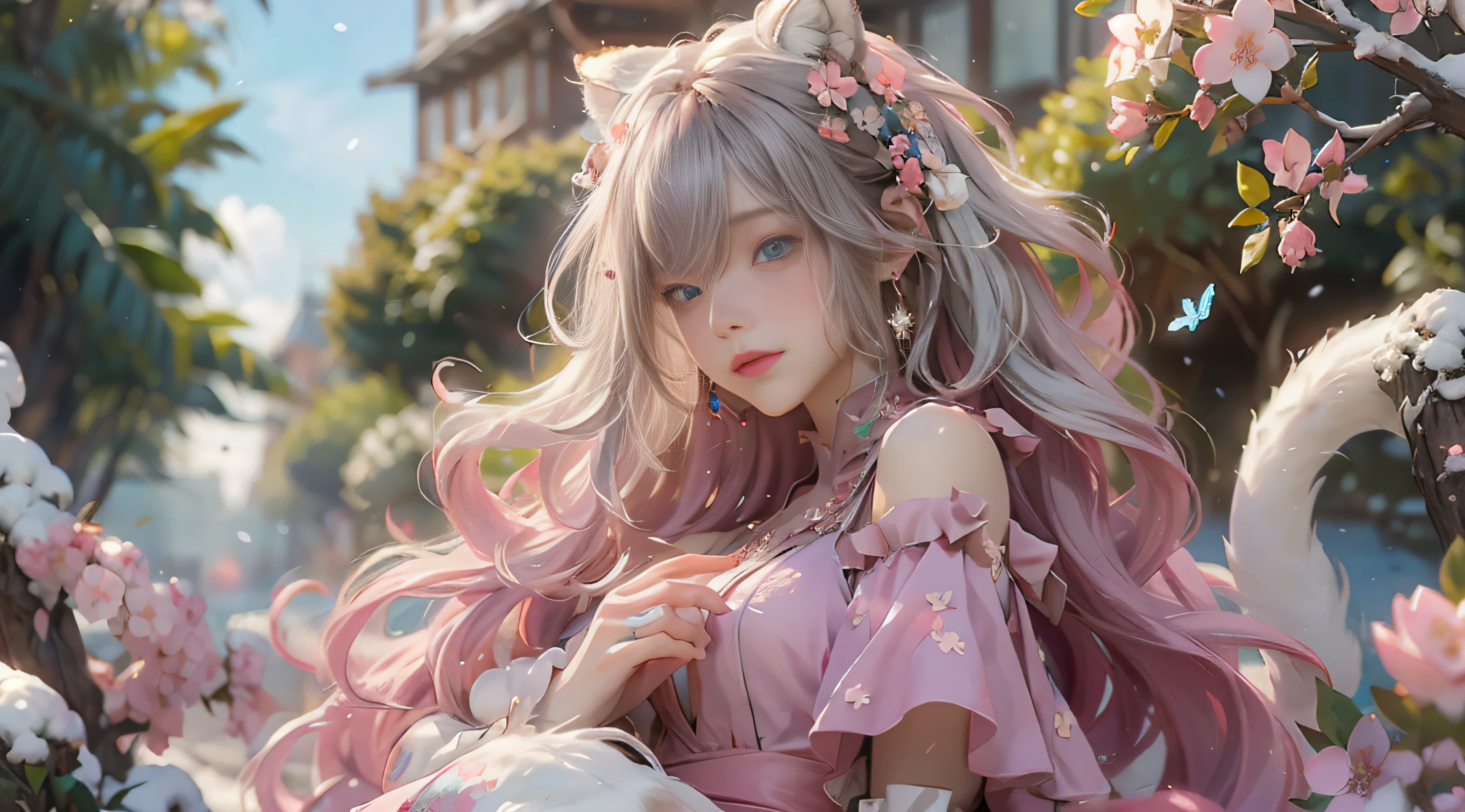 （（best qualtiy））， （（tmasterpiece））， （detail：1.4）， Beautiful cyberpunk female images，hdr（HighDynamicRange），Ray traching，NVIDIA RTX，Hyper-Resolution，illusory 5，sub surface scattering，PBR textures，post-proces，Anisotropy Filtering，depth of fields，maximum definition and sharpness，Many-Layer Textures，Albedo e mapas Speculares，Surface coloring，Mitsu-Accurate simulation of material interactions，perfectly proportioned，rendering by octane，Two-colored light，largeaperture，Low ISO，White balance，Rule three points、8K raw data、Beautiful bright blue pupils，off-the-shoulder clothes，Fine pupils，Delicate face and eyes，long eyelasher，Blushlush，Delicate and fluffy hair，pink lip，Pure，Cute face，Sweet girl，Artistic sense，Casual wear，Advancedsense，butterflys，Cherry blossom petal，Beautiful hair accessories，Long hair and waist，Hair fluttering in the wind，Snow-white fox ears，curlies