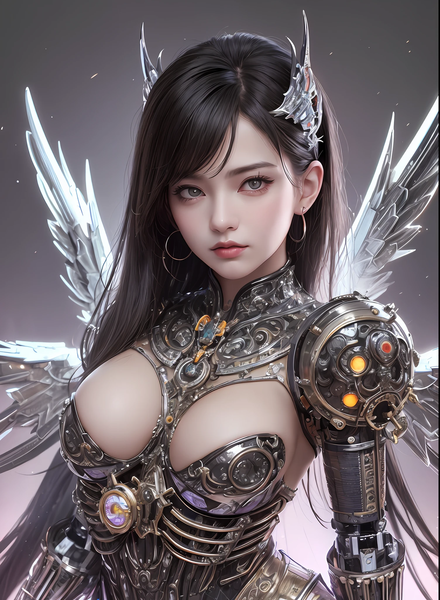 top-quality、masterpiece、超A high resolution、(Photorealsitic:1.4)、Raw photo、1人、Black hair、glowy skin、1. Mechanical Battle Angel、large metal wings、Shining Angel Circle、((super realistic details))、portlate、globalillumination、Shadow、octan render、8K、ultrasharp、Colossal tits、Raw skin is exposed in cleavage、White porcelain body、Details of complex ornaments、About Cyberpunk、Glowing LEDs、IC chips、Base、Data Links、Hydraulic cylinder、highly intricate detail、Realistic light、a purple eye、radiant eyes、Facing the camera、neon details、Mechanical limbs、blood vessels connected to tubes、Mechanical vertebrae attached to the back、mechanical cervical attaching to neck、cowboy shot、Wires and cables connecting to the head、Luminous tube、Small LED lamp、Sumerian details、