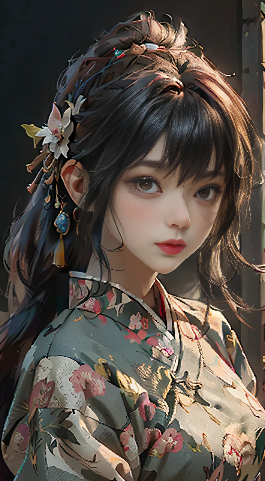 ((best qualtiy)), ((tmasterpiece)), (the detail:1.4), Cute female image,largeeyes，is shy，Long reddish-brown hair，HDR（HighDynamicRange），ancient Chinese costume，Satin costumes,Ray traching,NVIDIA RTX,Super-Resolution,Unreal 5,Subsurface scattering、PBR Texture、post-proces、Anisotropy Filtering、depth of fields、maximum definition and sharpness、Many-Layer Textures、Albedo e mapas Speculares、Surface Coloring、Accurate simulation of light-material interactions、perfectly proportions、Octane Render、Two-colored light、largeaperture、Low ISO、White balance、the rule of thirds、8K RAW、