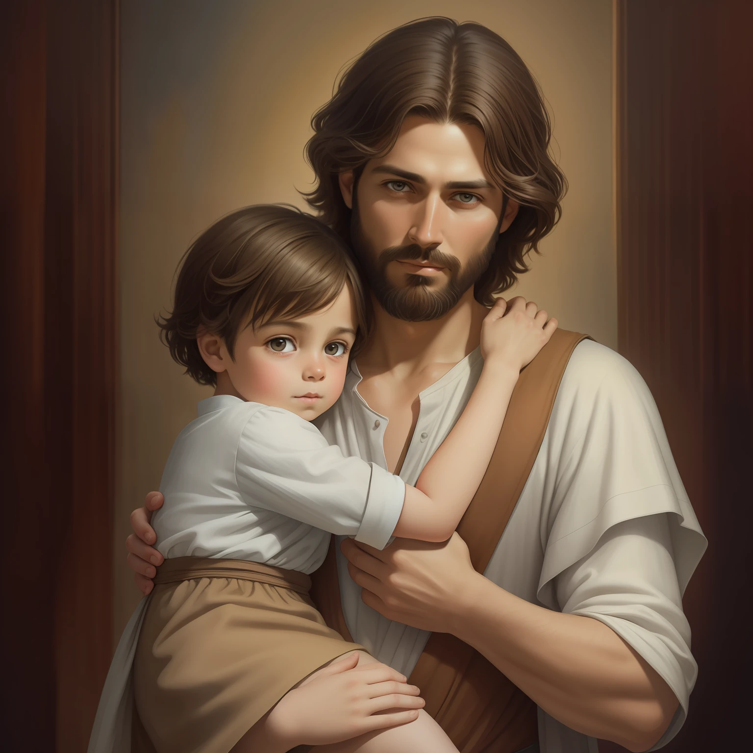 A beautiful ultra-thin realistic portrait of Jesus, the prophet, a man 33 years old Hebrew brunette, short brown hair, long brown beard, with hugging child in hand, wearing long linen tunic closed on the chest part, in front view, full body, biblical, realistic,by Diego Velázquez,Peter Paul Rubens,Rembrandt,Alex Ross,8k, Concept Art, PhotoRealistic, Realistic, Illustration, Oil Painting, Surrealism, HyperRealistic, hugging child s, Digital art, style, watercolor