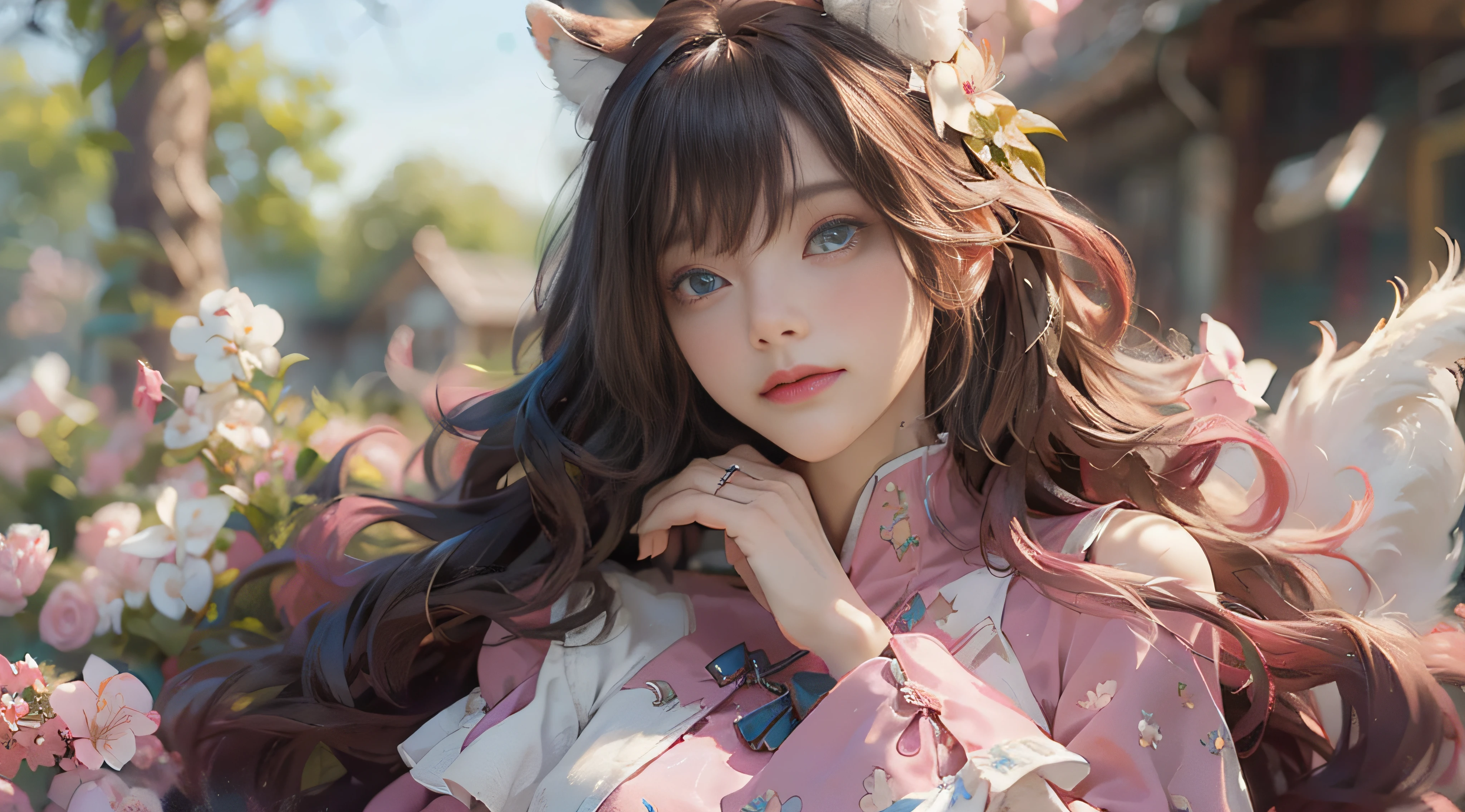 ((best qualtiy)), ((tmasterpiece)), (detail:1.4), Beautiful cyberpunk female images,hdr(HighDynamicRange),Ray traching,NVIDIA RTX,Hyper-Resolution,illusory 5,sub surface scattering,PBR textures,post-proces,Anisotropy Filtering,depth of fields,maximum definition and sharpness,Many-Layer Textures,Albedo e mapas Speculares,Surface coloring,Mitsu-Accurate simulation of material interactions,perfectly proportioned,rendering by octane,Two-colored light,largeaperture,Low ISO,White balance,Rule three points、8K raw data、Beautiful bright blue pupils,off-the-shoulder clothes,Fine pupils,Delicate face and eyes,long eyelasher,Blushlush,Delicate and fluffy hair,pink lip,Pure,Cute face,Sweet girl,Artistic sense,Casual wear,Advancedsense,butterflys,Cherry blossom petal,Beautiful hair accessories,Long hair and waist,Hair fluttering in the wind,Snow-white fox ears,curlies