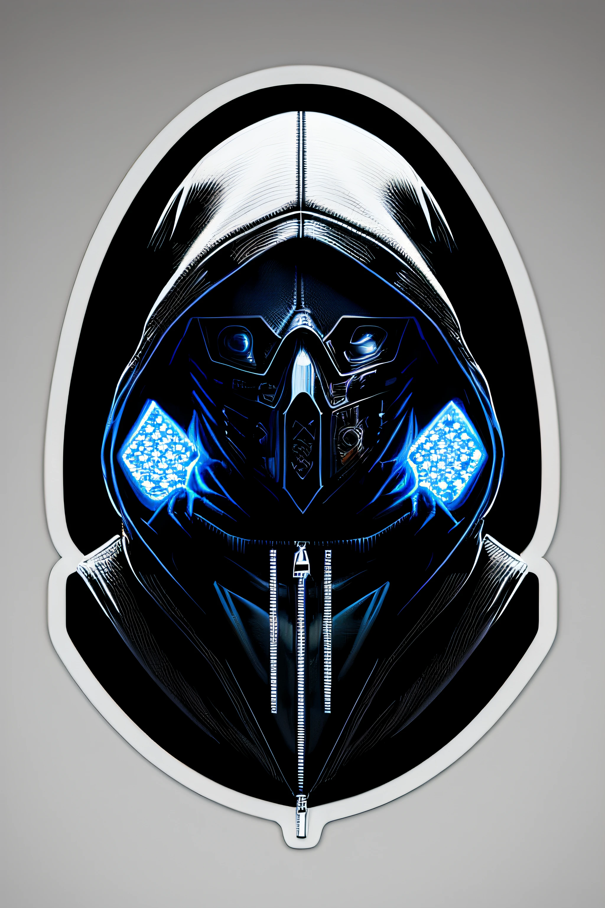(((stickers))) man in a hoodedie standing in front of a white background, dark cloaked figure, hooded figure, look to front, middle, centered, realist, cyberpunk (masterpiece:1.5), street wear, (best quality), (ultra detailed), (4k,intricate), (highly detailed:1.2), wide shot