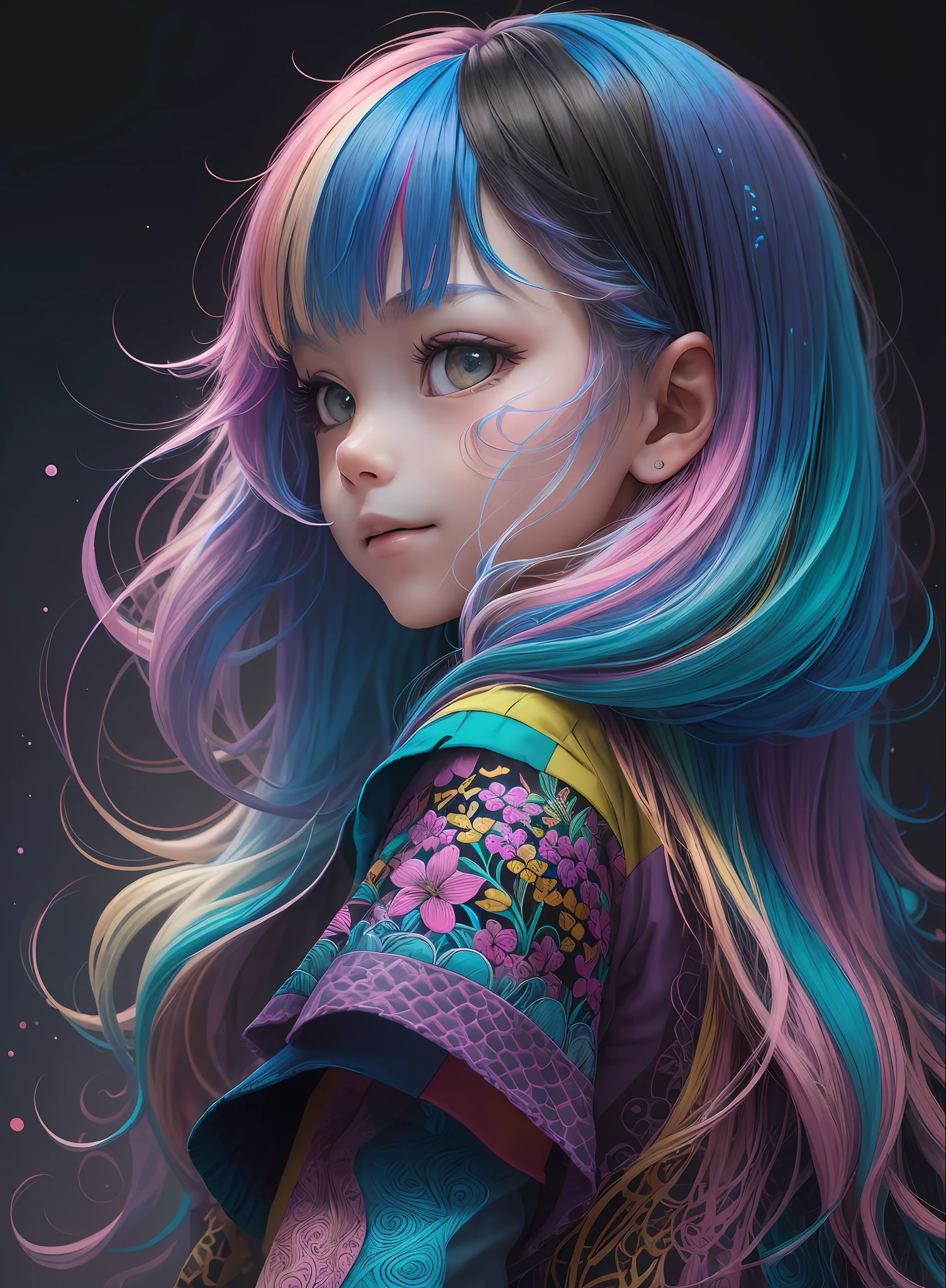 (absurdres:1.4), highres, ultra detailed, textured, concept art, (ultra-detailed background, detailed background), extremly detailed, Incredible Detailed , (streaked hair:1.1, pastel neon colors hair:1.1, middle hair), a adult girl, 25 years old, (colorful cloths:1.5, lightweight equipment or dress), from side,happy, black ink, material effects, (Selective Color monochorome:1.2), (zentangle :1.2), stylish pose, (colorful:1.2, vivid:1.2) , Design a serene grassland scene, with rolling hills, wildflowers, and a peaceful, open atmosphere.,nijistyle ,3DMM --auto --s2