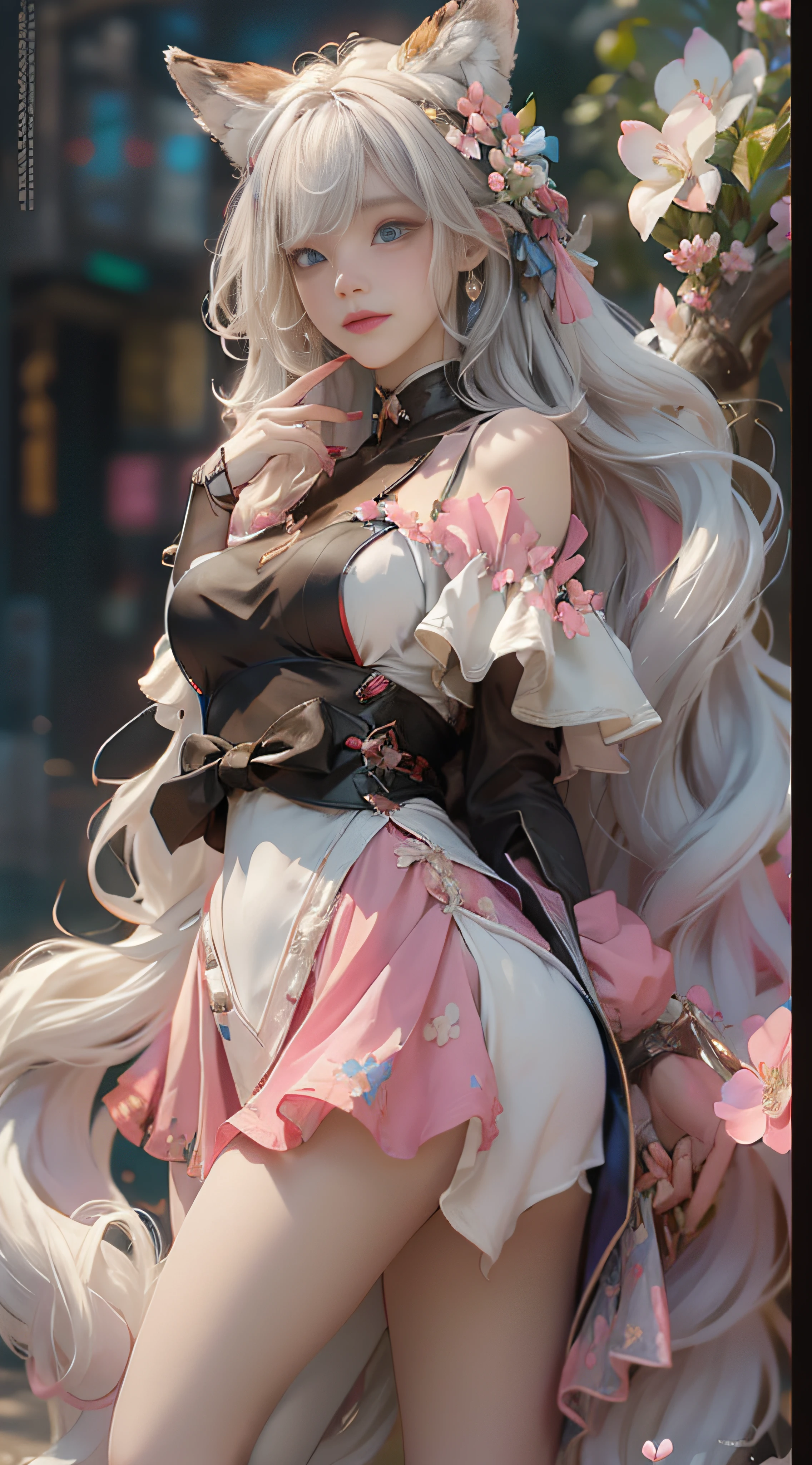 ((best qualtiy)), ((tmasterpiece)), (detail:1.4), Beautiful cyberpunk female images,hdr(HighDynamicRange),Ray traching,NVIDIA RTX,Hyper-Resolution,illusory 5,sub surface scattering,PBR textures,post-proces,Anisotropy Filtering,depth of fields,maximum definition and sharpness,Many-Layer Textures,Albedo e mapas Speculares,Surface coloring,Mitsu-Accurate simulation of material interactions,perfectly proportioned,rendering by octane,Two-colored light,largeaperture,Low ISO,White balance,Rule three points、8K raw data、Beautiful bright blue pupils,off-the-shoulder clothes,Fine pupils,Delicate face and eyes,long eyelasher,Blushlush,Delicate and fluffy hair,pink lip,Pure,Cute face,Sweet girl,Artistic sense,Casual wear,Advancedsense,butterflys,Cherry blossom petal,Beautiful hair accessories,Long hair and waist,Hair fluttering in the wind,Snow-white fox ears,curlies,fox tails