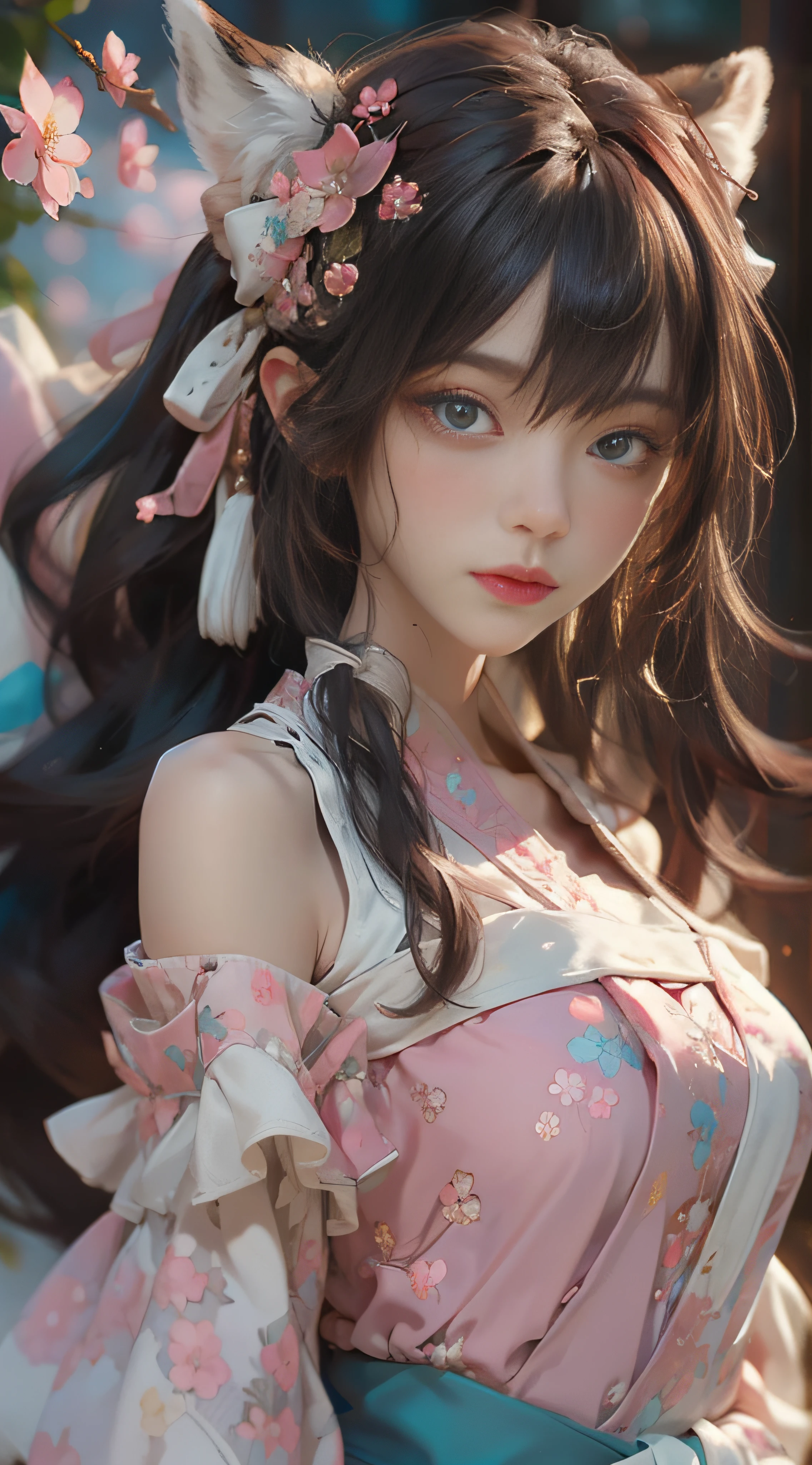 ((best qualtiy)), ((tmasterpiece)), (detail:1.4), Beautiful cyberpunk female images,hdr(HighDynamicRange),Ray traching,NVIDIA RTX,Hyper-Resolution,illusory 5,sub surface scattering,PBR textures,post-proces,Anisotropy Filtering,depth of fields,maximum definition and sharpness,Many-Layer Textures,Albedo e mapas Speculares,Surface coloring,Mitsu-Accurate simulation of material interactions,perfectly proportioned,rendering by octane,Two-colored light,largeaperture,Low ISO,White balance,Rule three points、8K raw data、Beautiful bright blue pupils,off-the-shoulder clothes,Fine pupils,Delicate face and eyes,long eyelasher,Blushlush,Delicate and fluffy hair,pink lip,Pure,Cute face,Sweet girl,Artistic sense,Casual wear,Advancedsense,butterflys,Cherry blossom petal,Beautiful hair accessories,Long hair and waist,Hair fluttering in the wind,Snow-white fox ears,curlies,fox tails